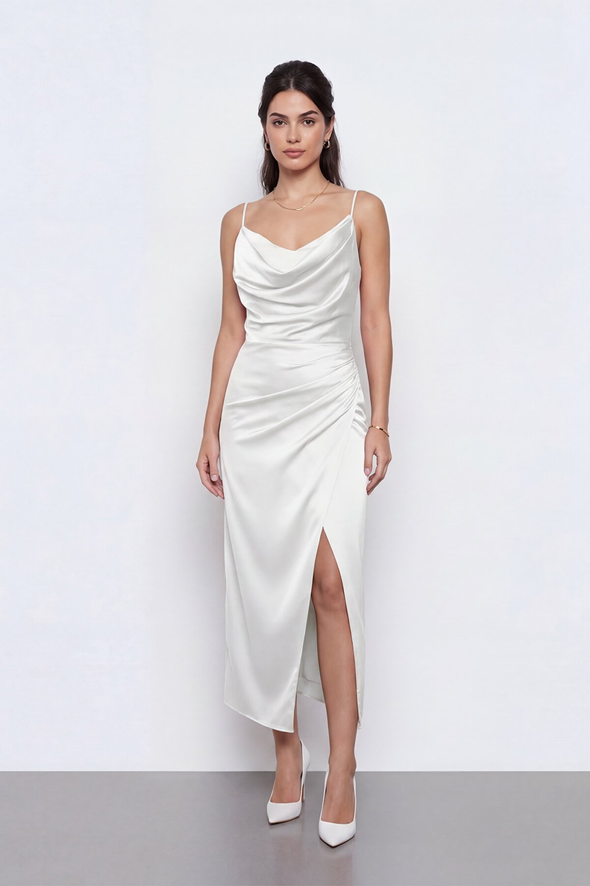 Askılı Drapeli Yırtmaçlı Elbise  - 1770