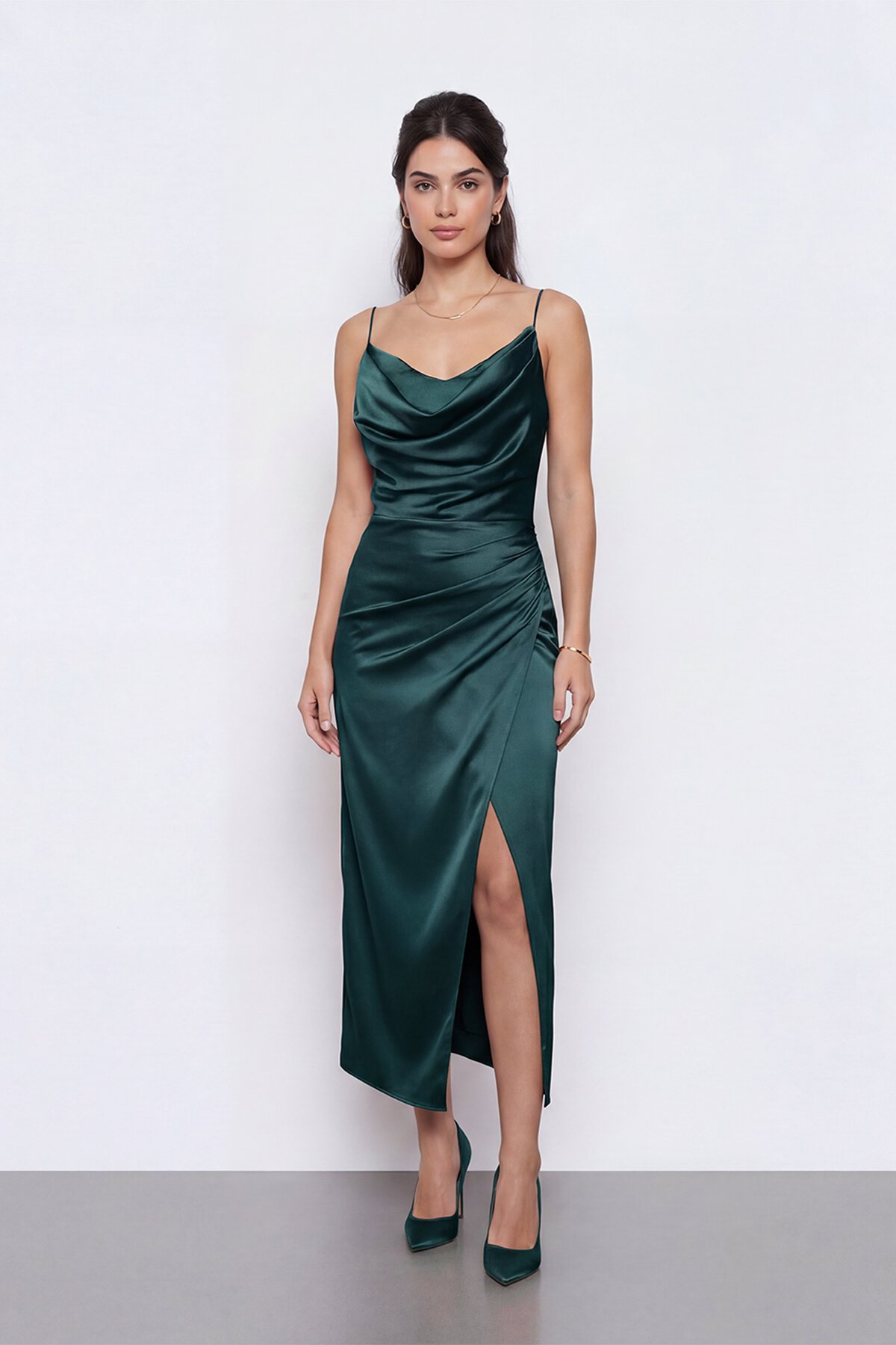 Askılı Drapeli Yırtmaçlı Elbise  - 1770