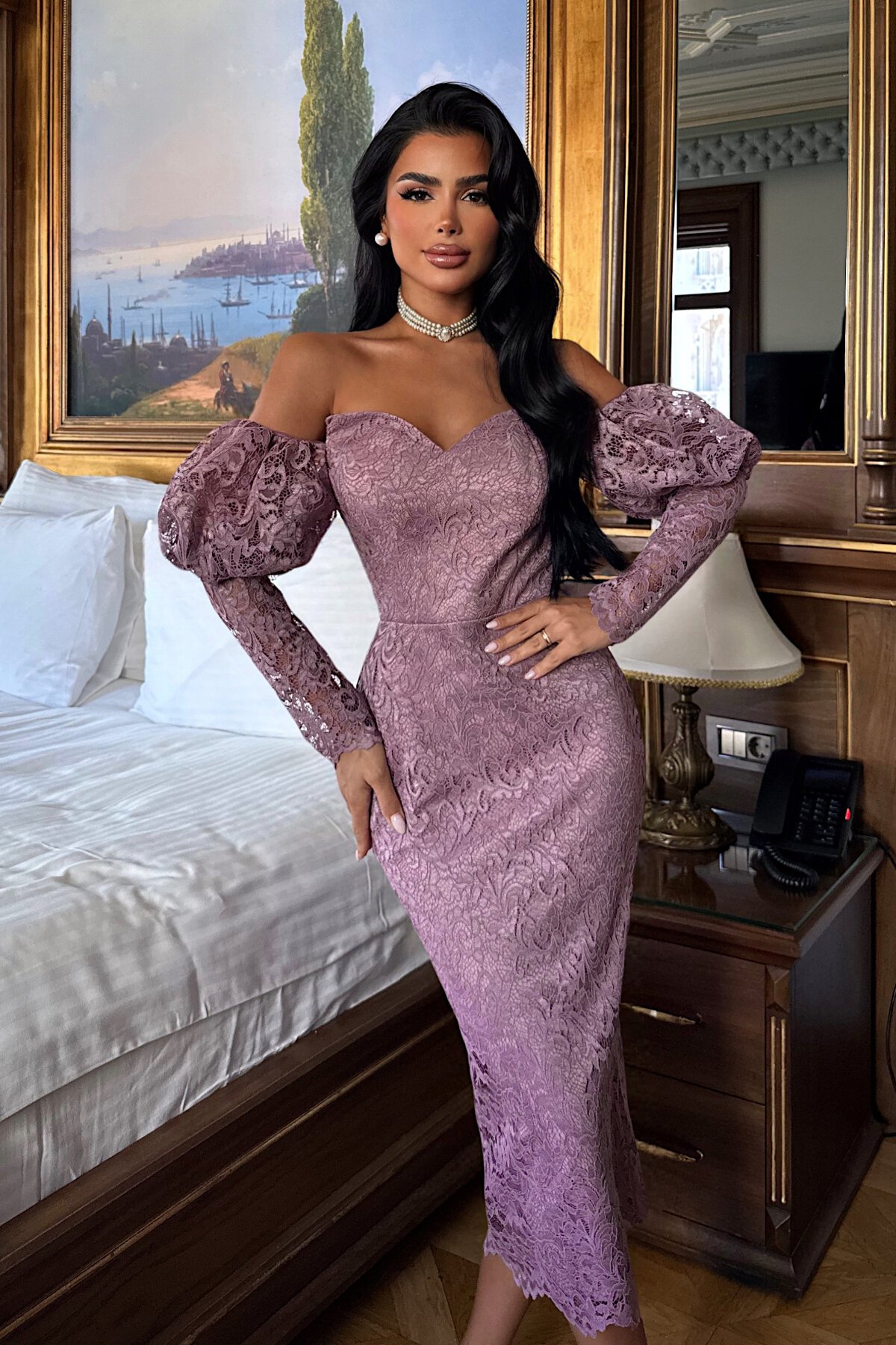 Balon Kol Detaylı Straplez Midi Elbise - 1594