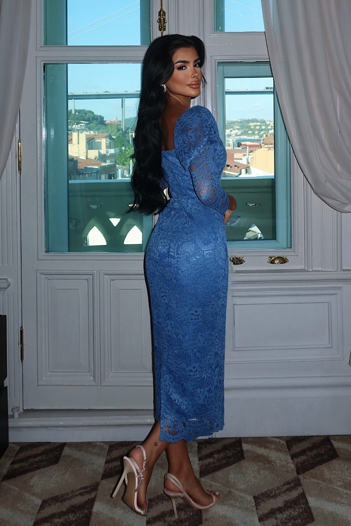 Balon Kol Detaylı Straplez Midi Elbise - 1594