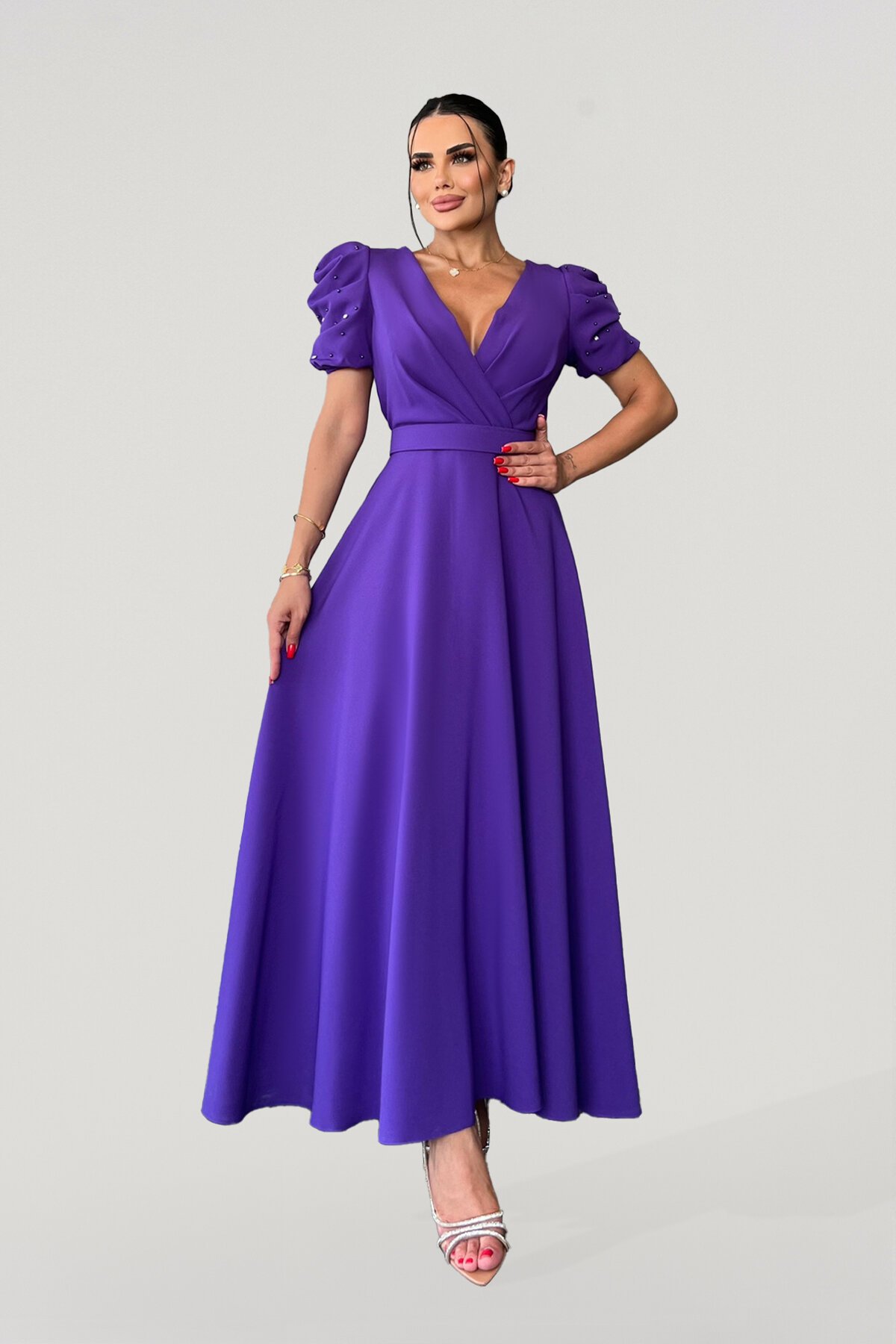 Balon Kol İnci Detaylı Midi Elbise - 1644