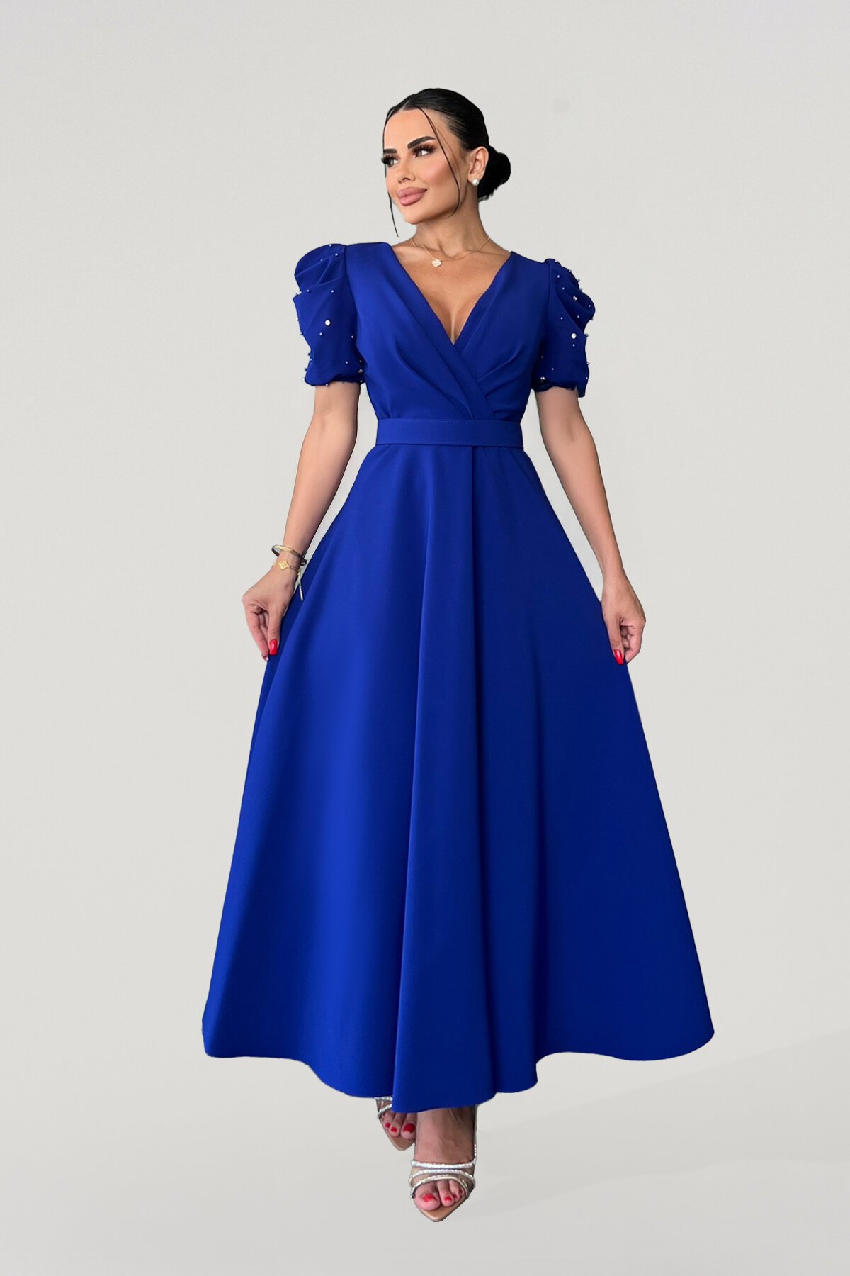 Balon Kol İnci Detaylı Midi Elbise - 1644