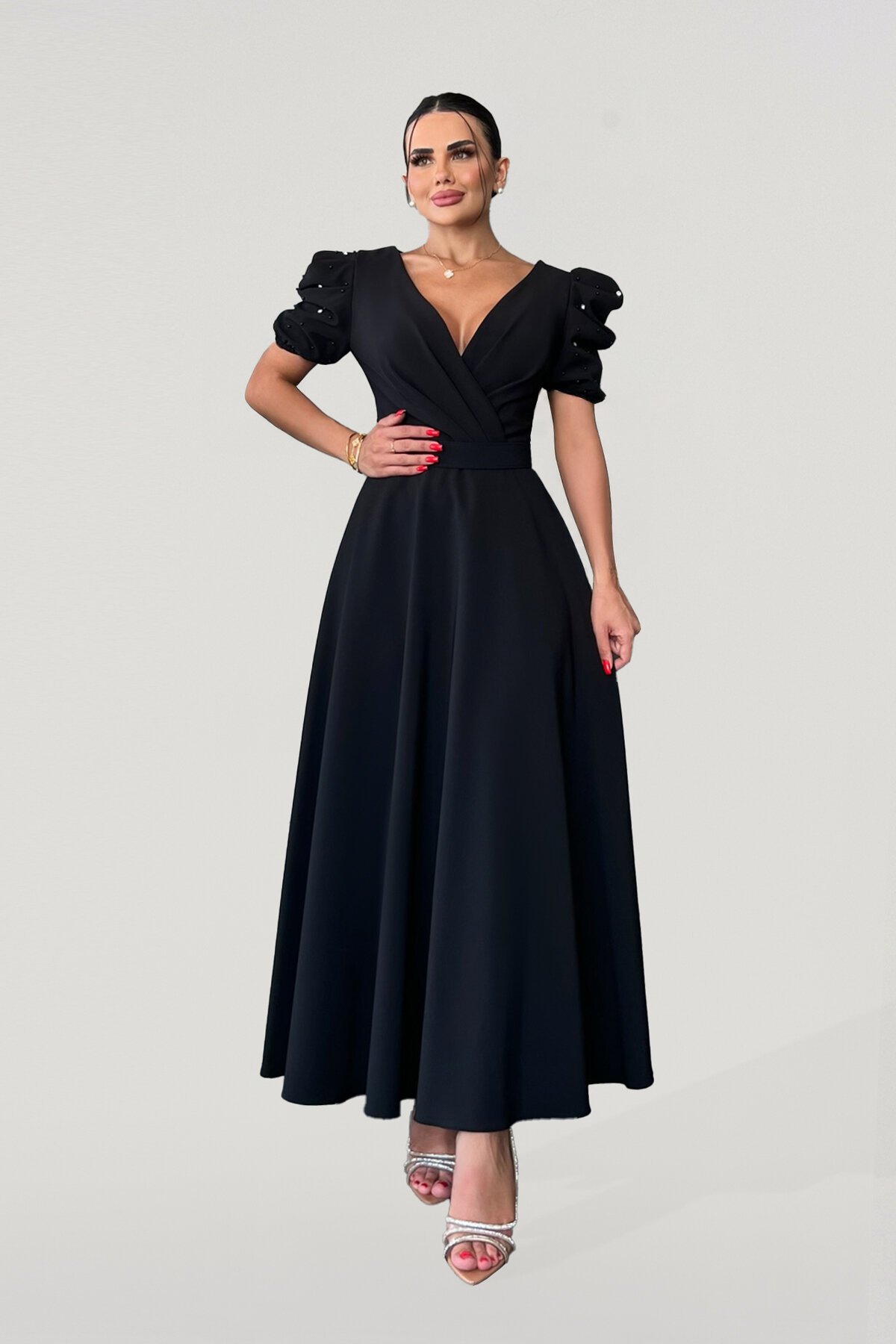 Balon Kol İnci Detaylı Midi Elbise - 1644