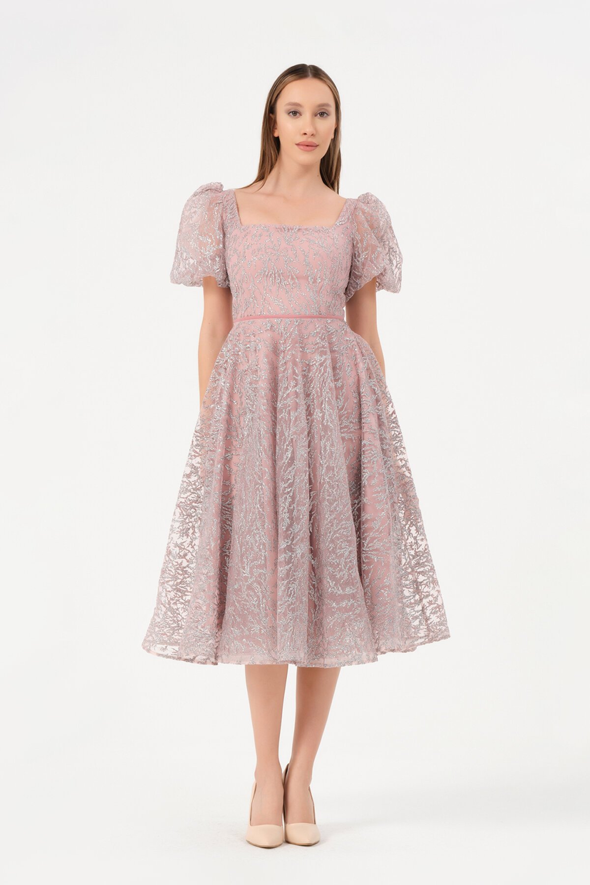 Balon Kollu Kare Yaka Midi Elbise - 1491