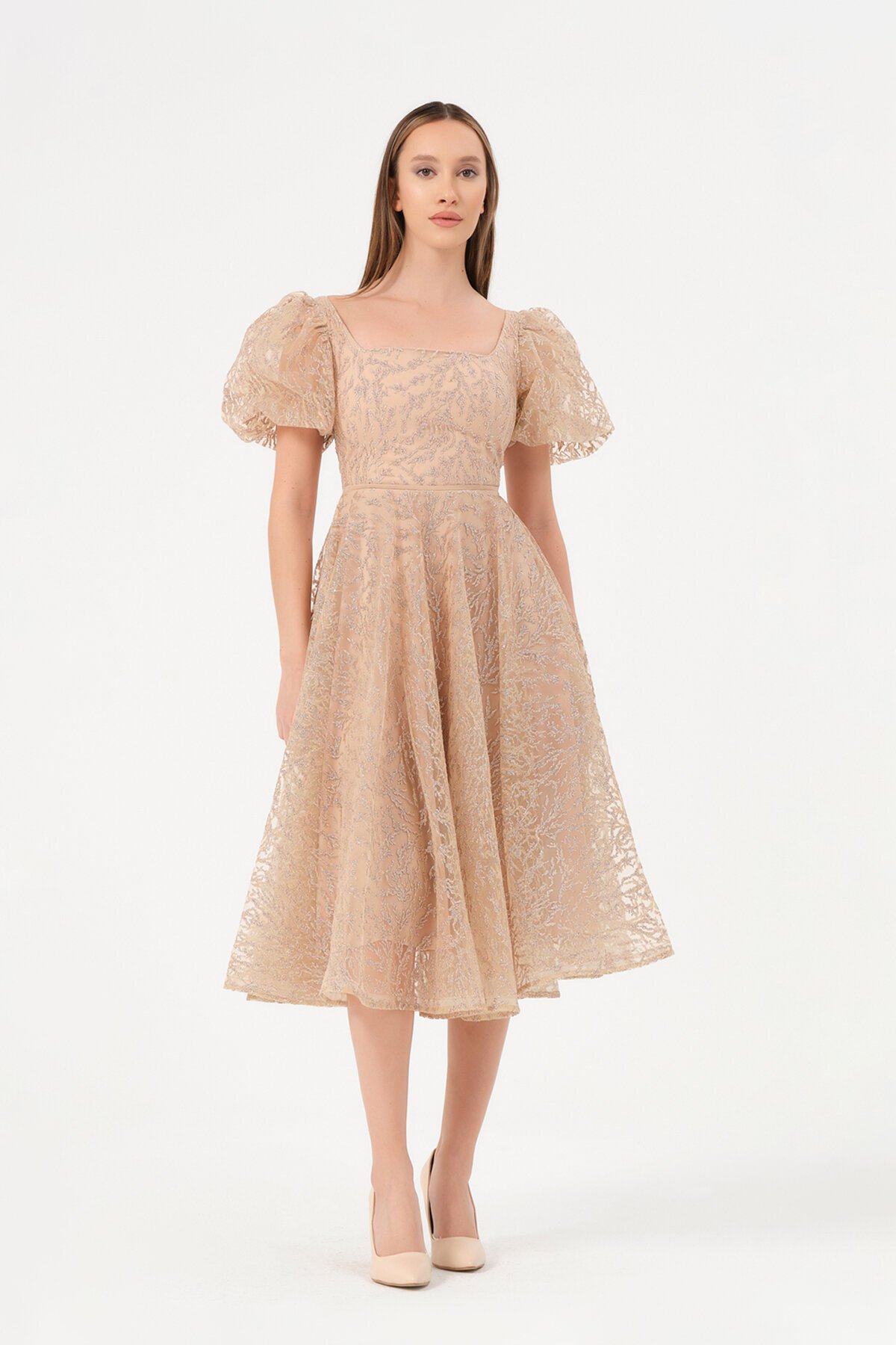 Balon Kollu Kare Yaka Midi Elbise - 1491