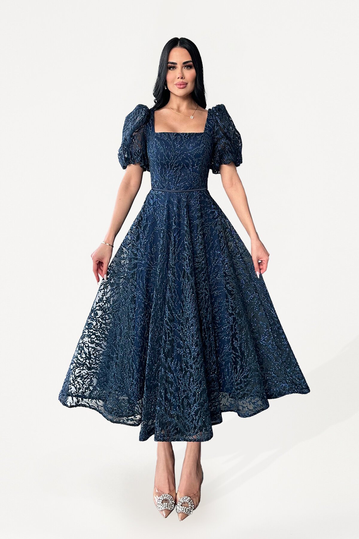 Balon Kollu Kare Yaka Midi Elbise - 1491