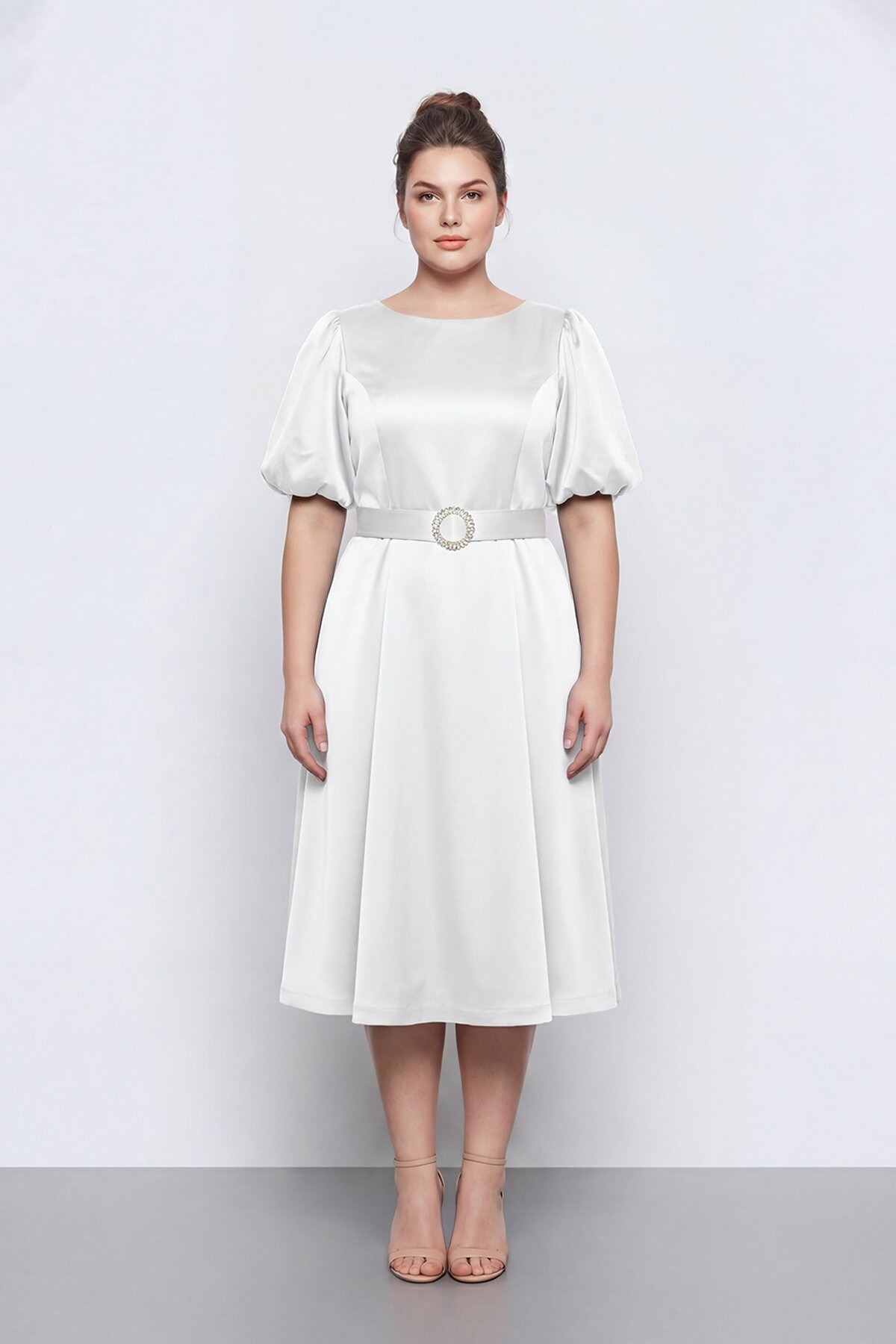 Balon Kollu Kemer Aksesuarlı Midi Abiye - 1621