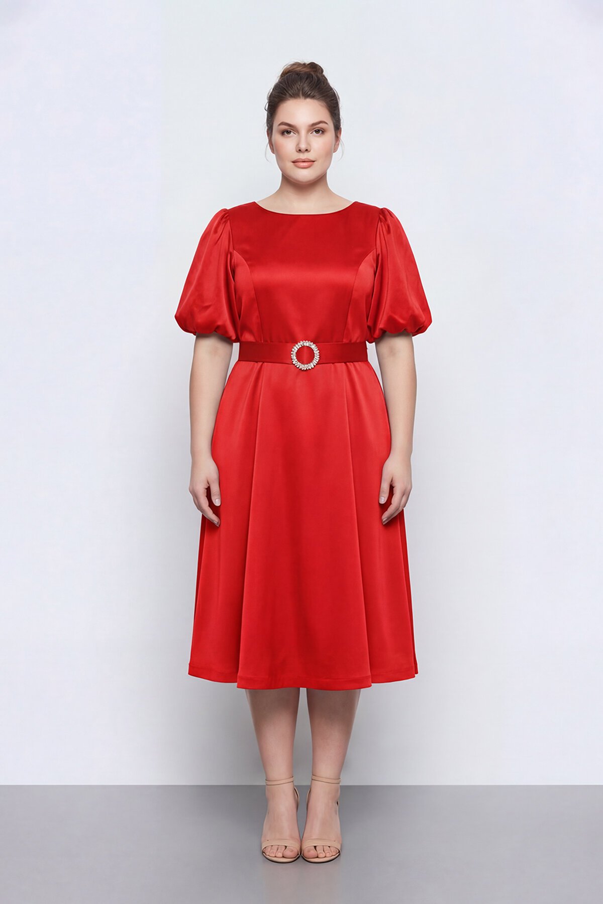 Balon Kollu Kemer Aksesuarlı Midi Abiye - 1621