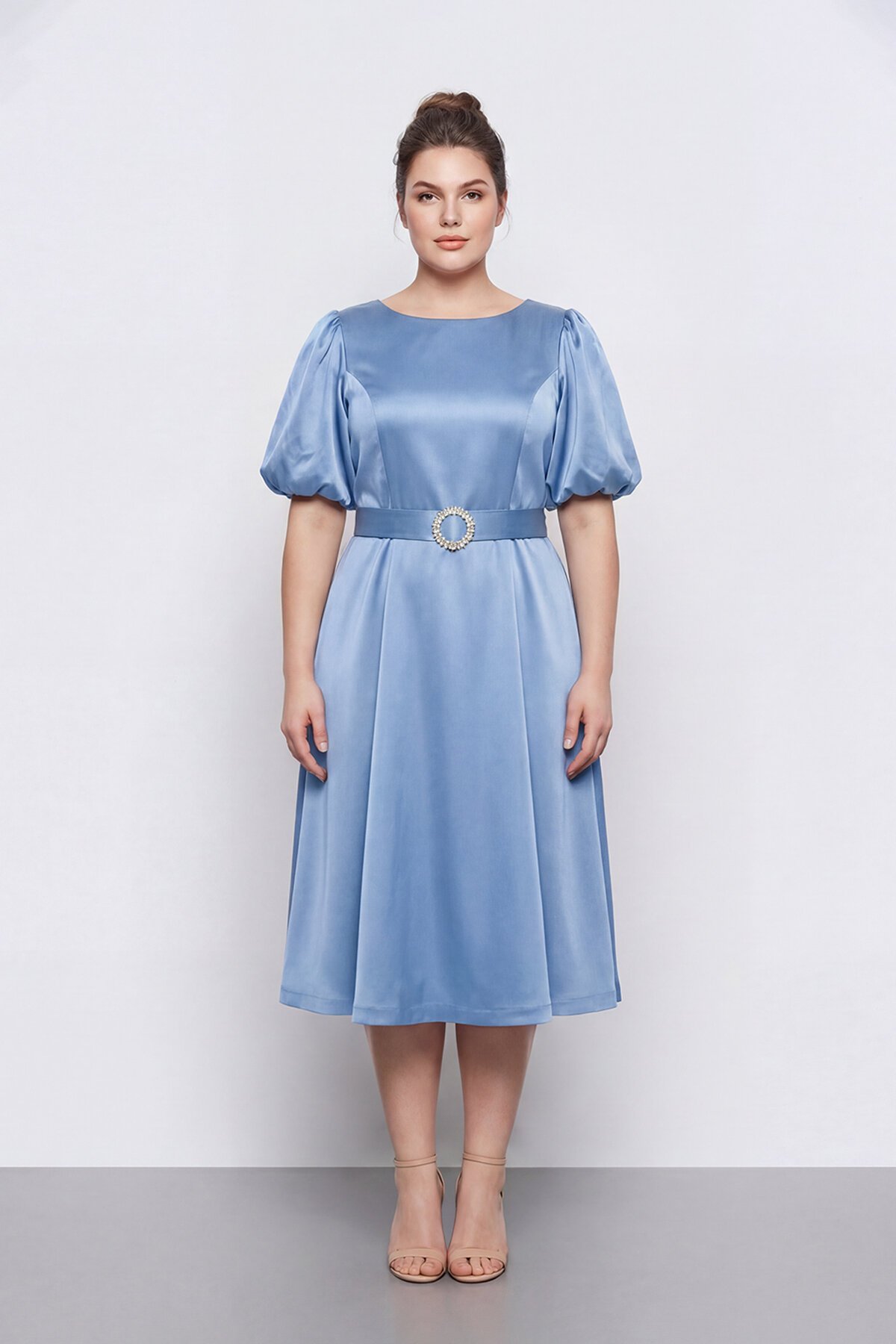 Balon Kollu Kemer Aksesuarlı Midi Abiye - 1621