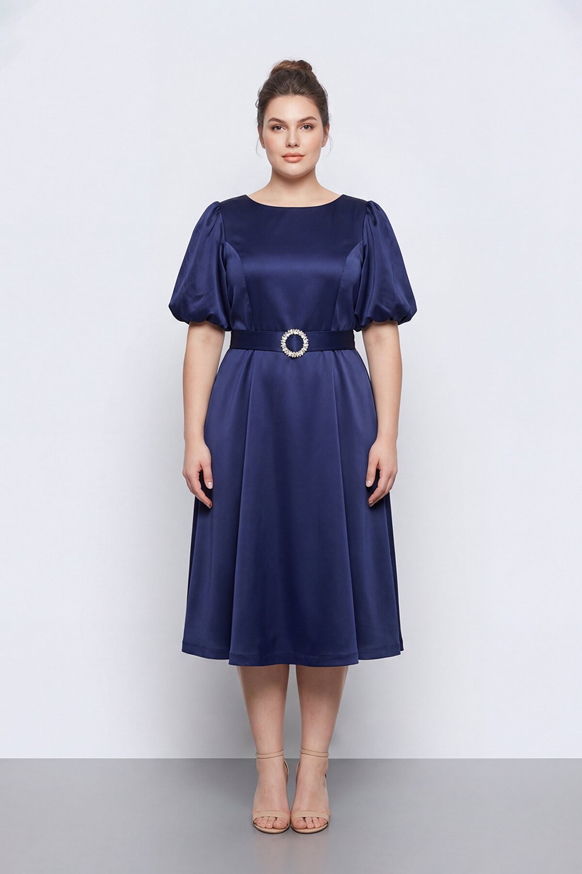 Balon Kollu Kemer Aksesuarlı Midi Abiye - 1621