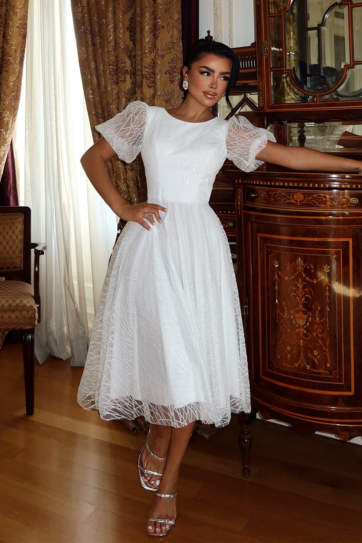 Balon Kollu Simli Midi Elbise - 1778