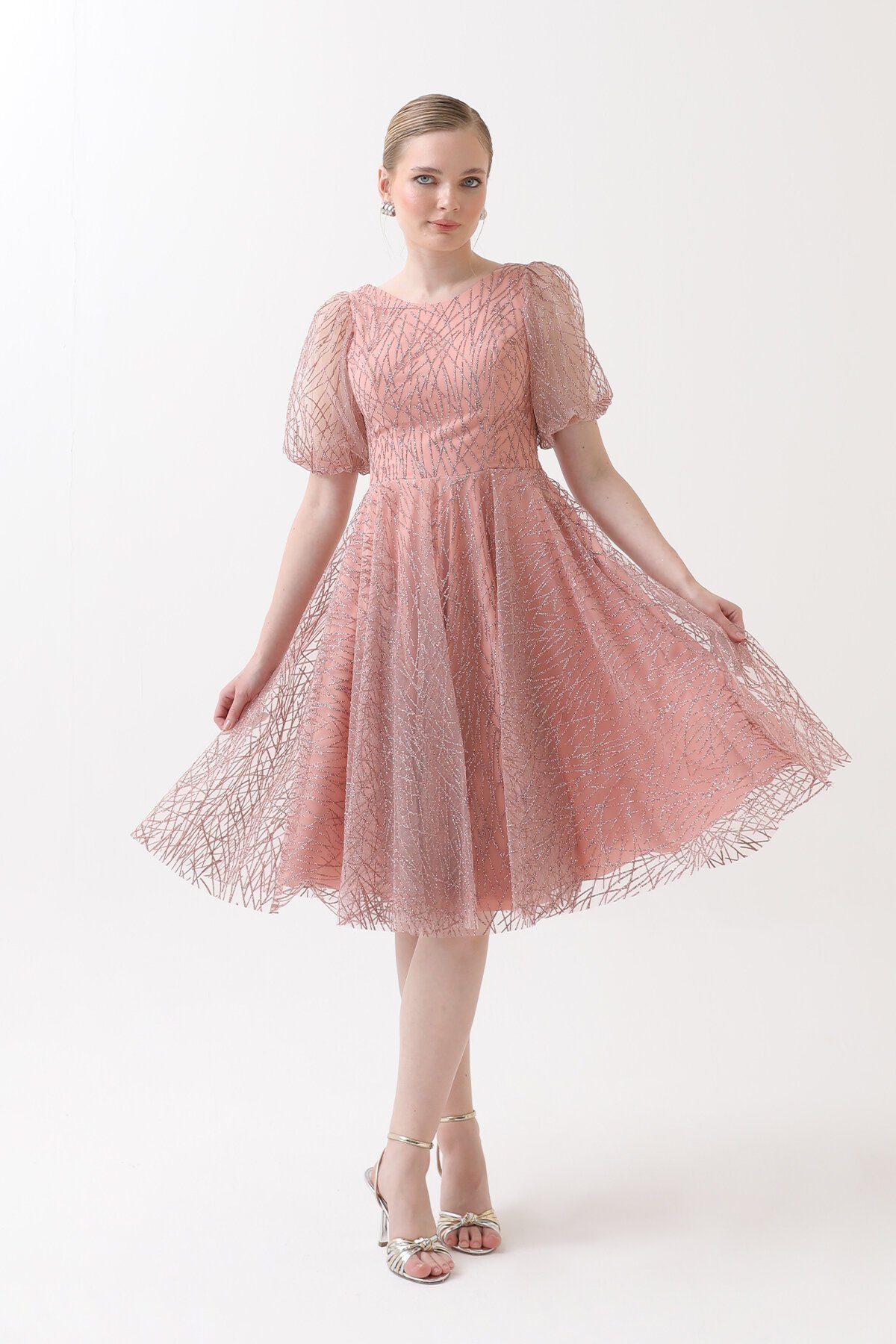 Balon Kollu Simli Midi Elbise - 1778