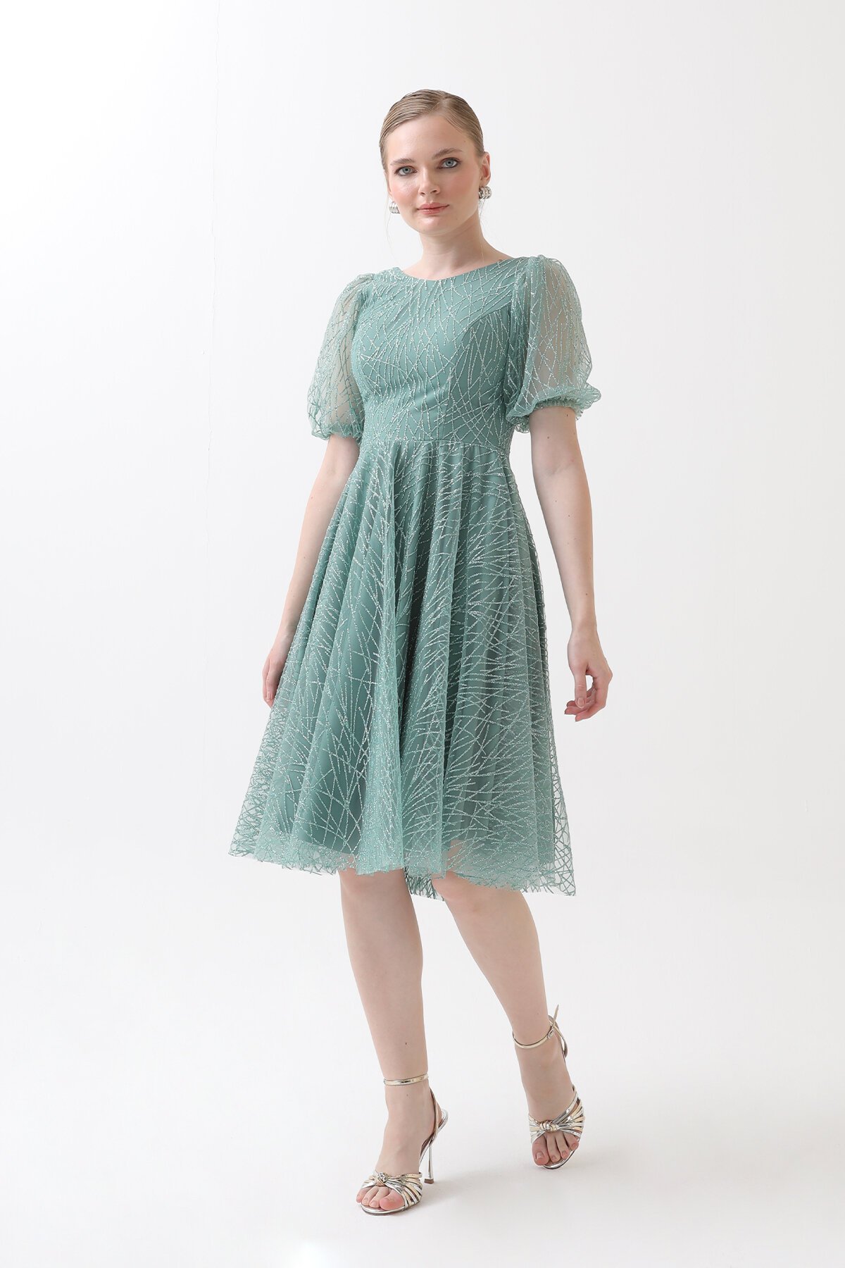 Balon Kollu Simli Midi Elbise - 1778