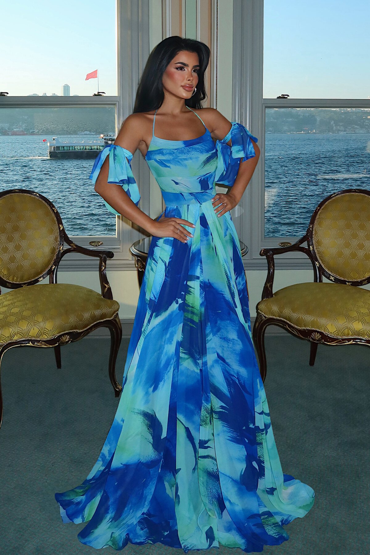 Baskılı Şifon Elbise - 1842