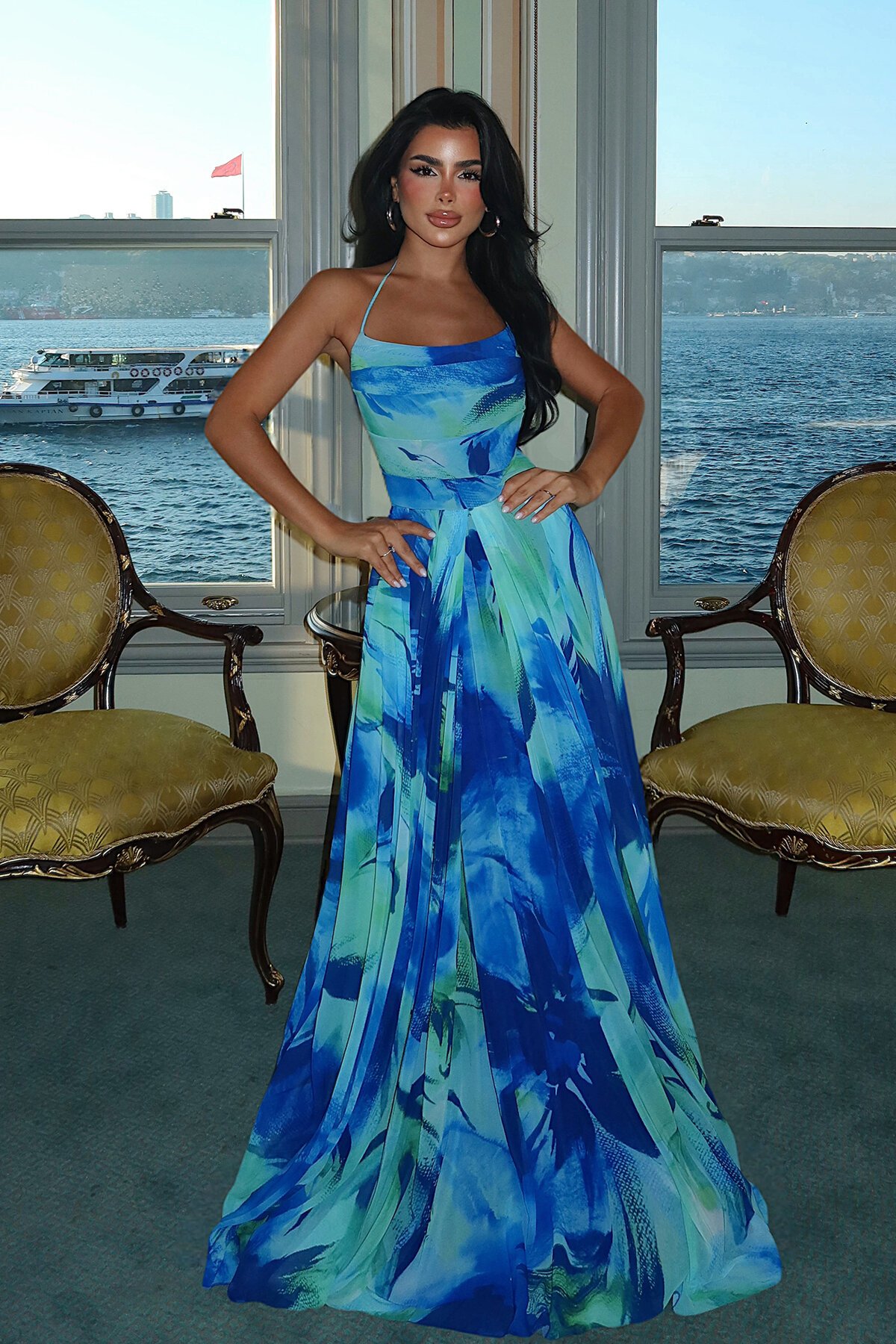 Baskılı Şifon Elbise - 1842