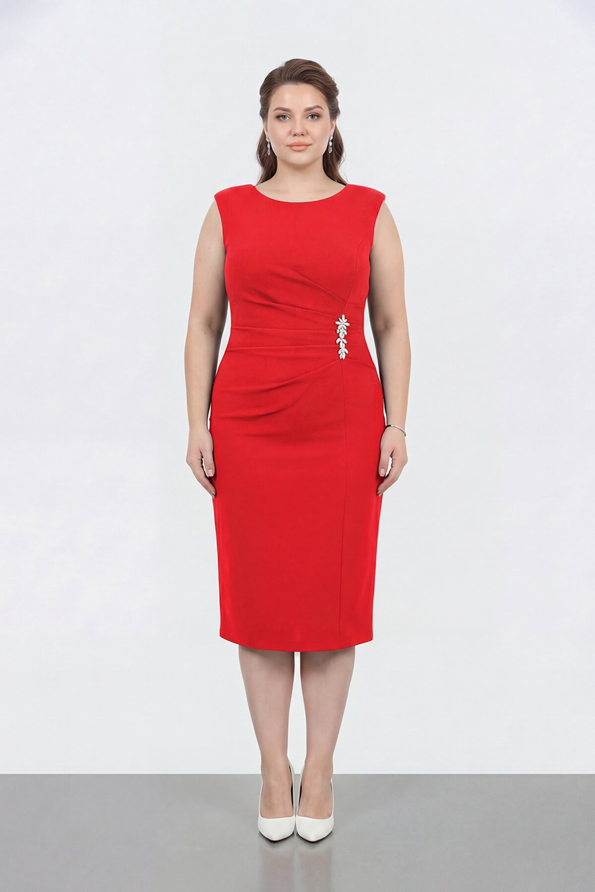 Broş Detaylı Midi Elbise - 1649