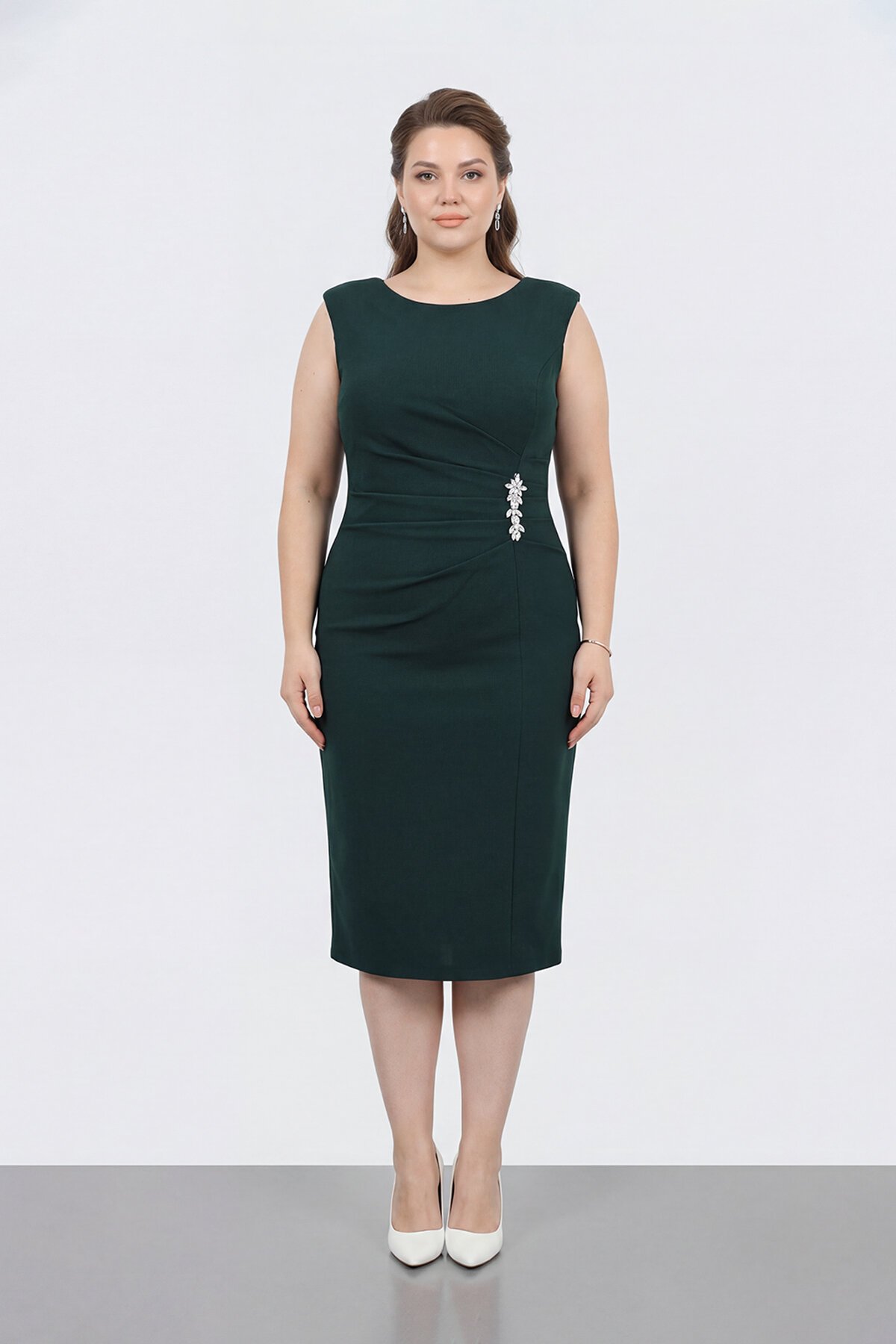 Broş Detaylı Midi Elbise - 1649