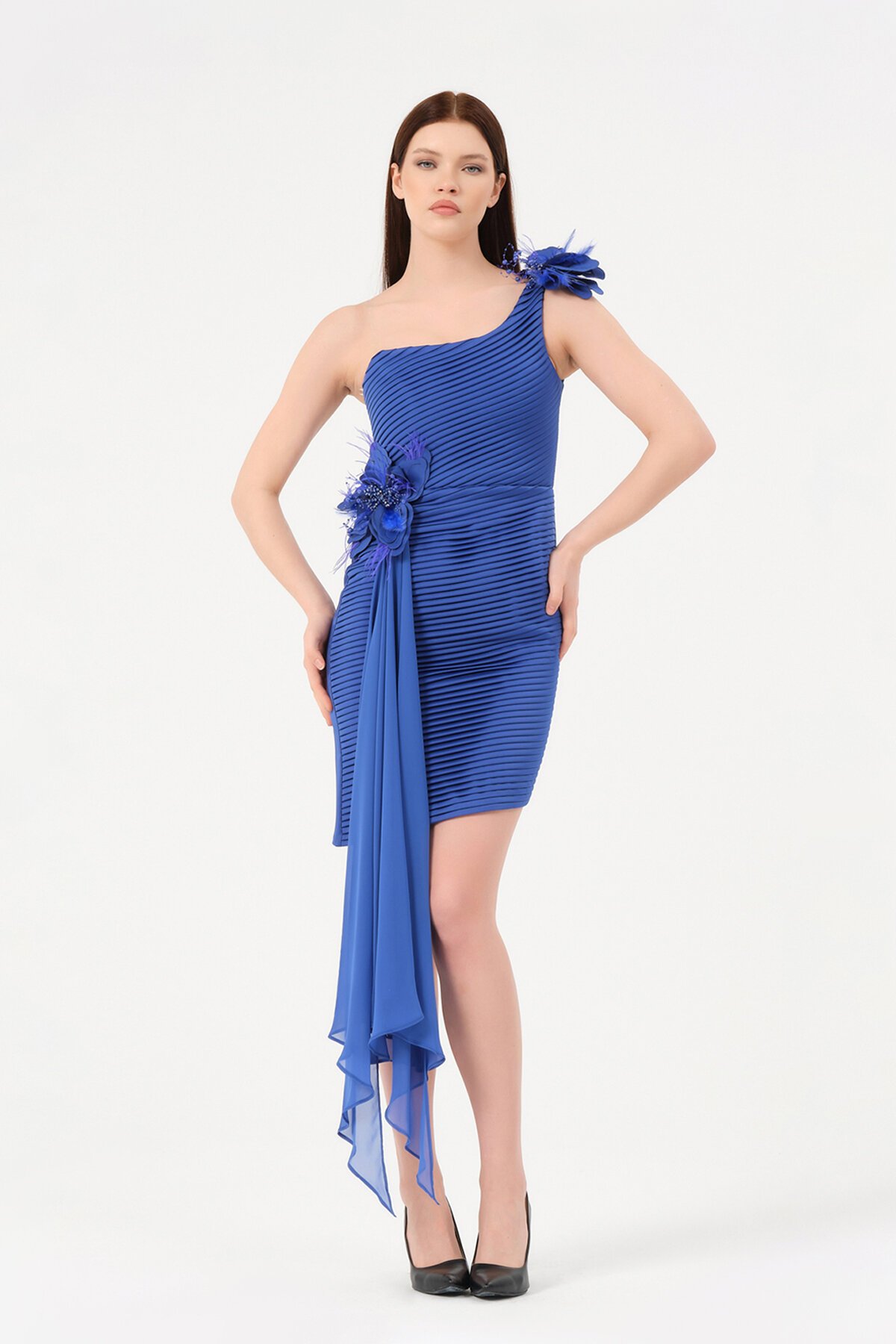 Çiçek Detaylı Pileli Mini Elbise - 1553