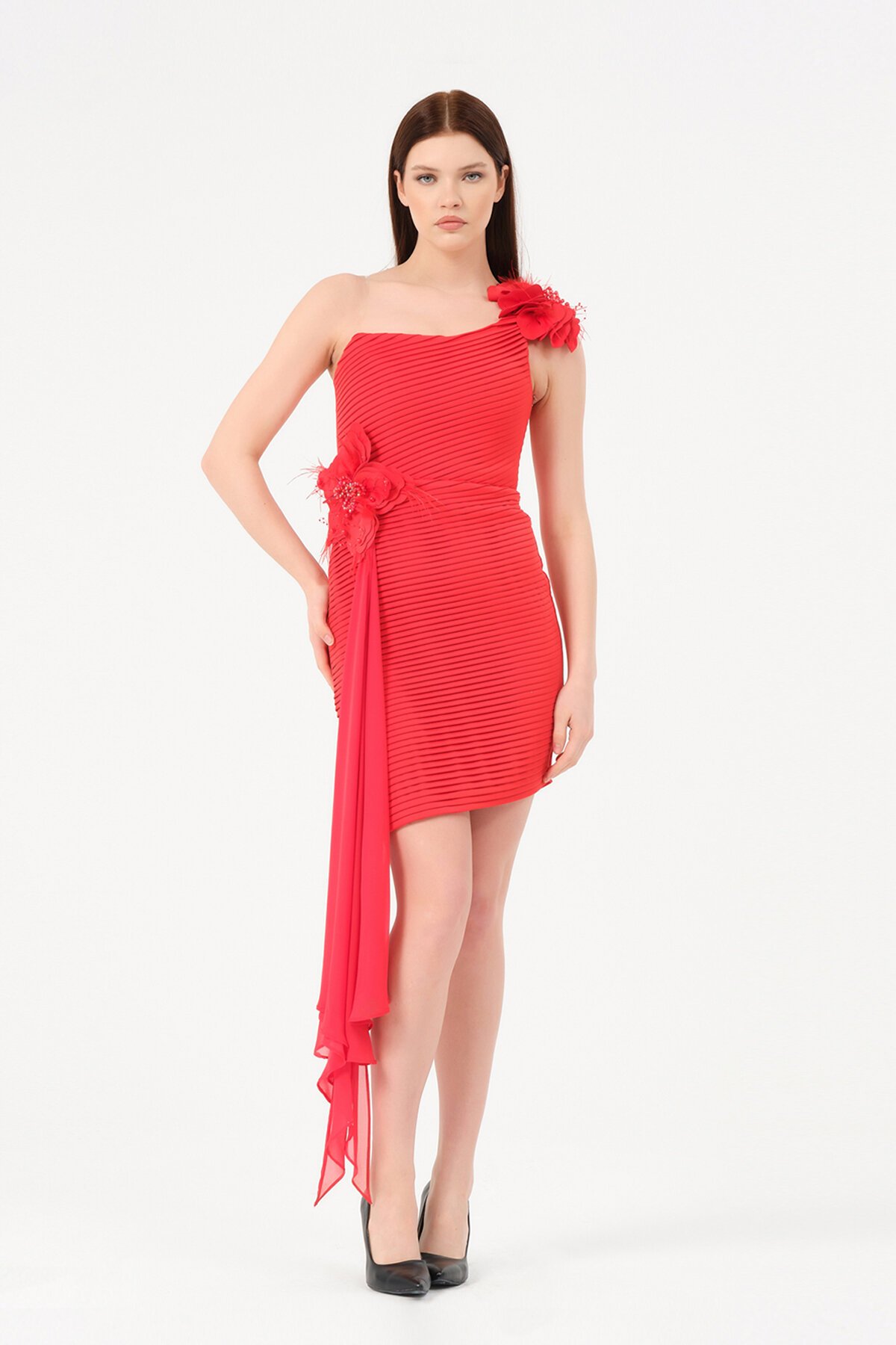 Çiçek Detaylı Pileli Mini Elbise - 1553