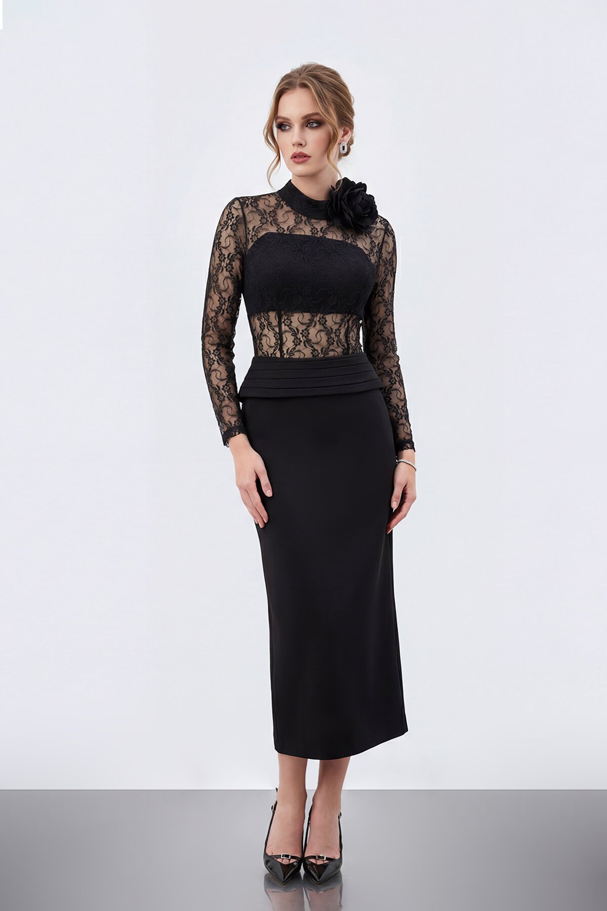 Dantel Büstiyer Detaylı Midi Elbise - 2041