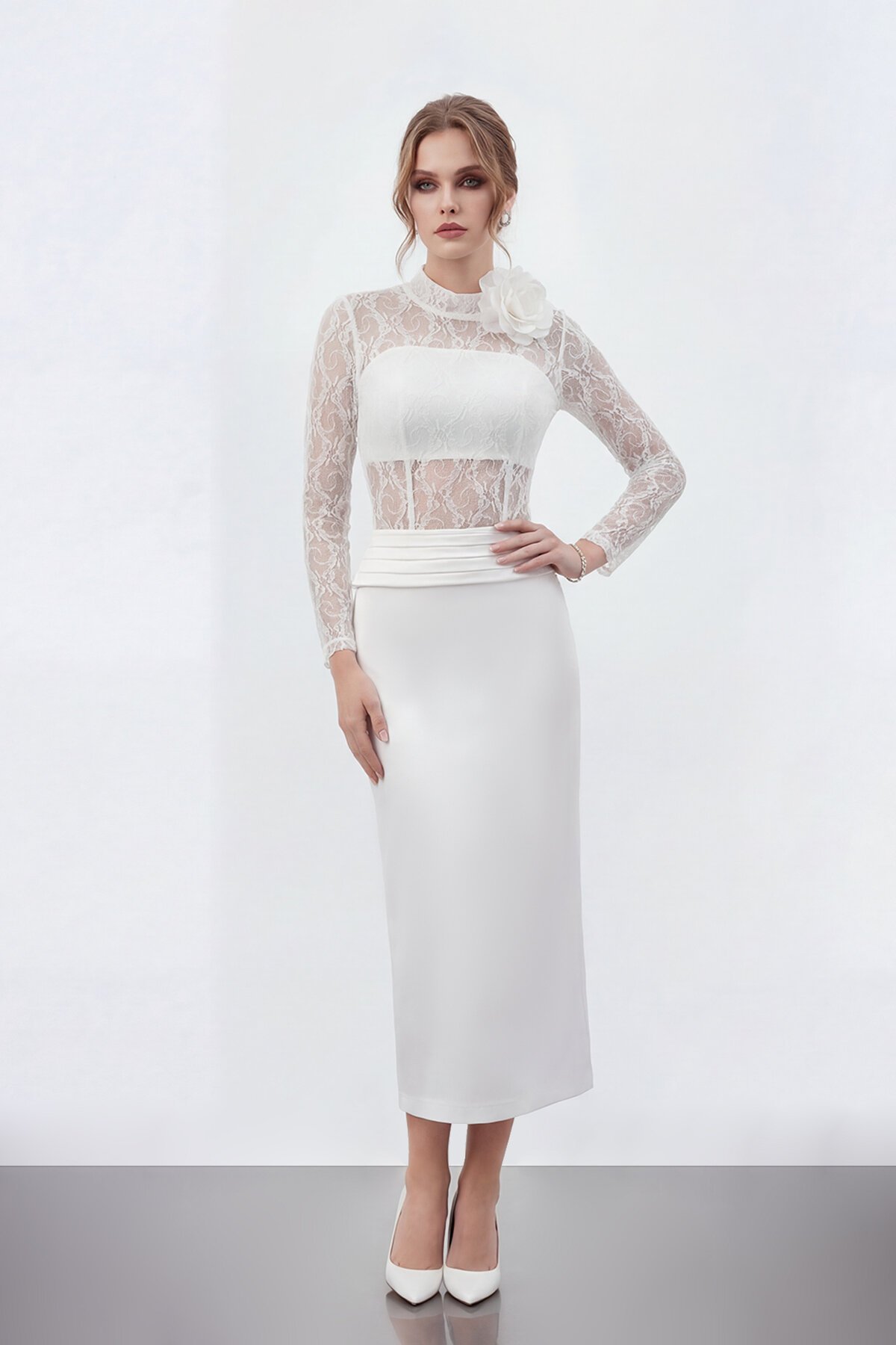 Dantel Büstiyer Detaylı Midi Elbise - 2041