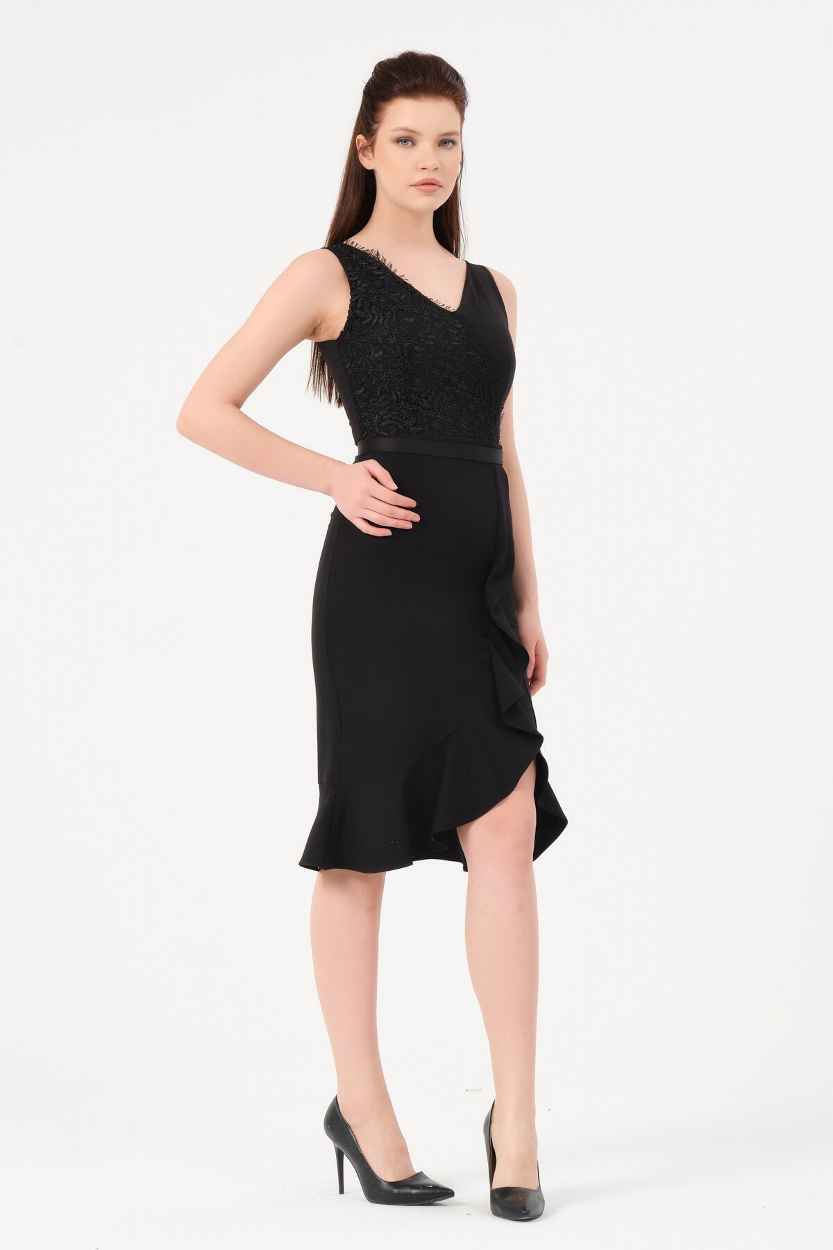 Dantel Detaylı Volanlı Midi Elbise - 1226