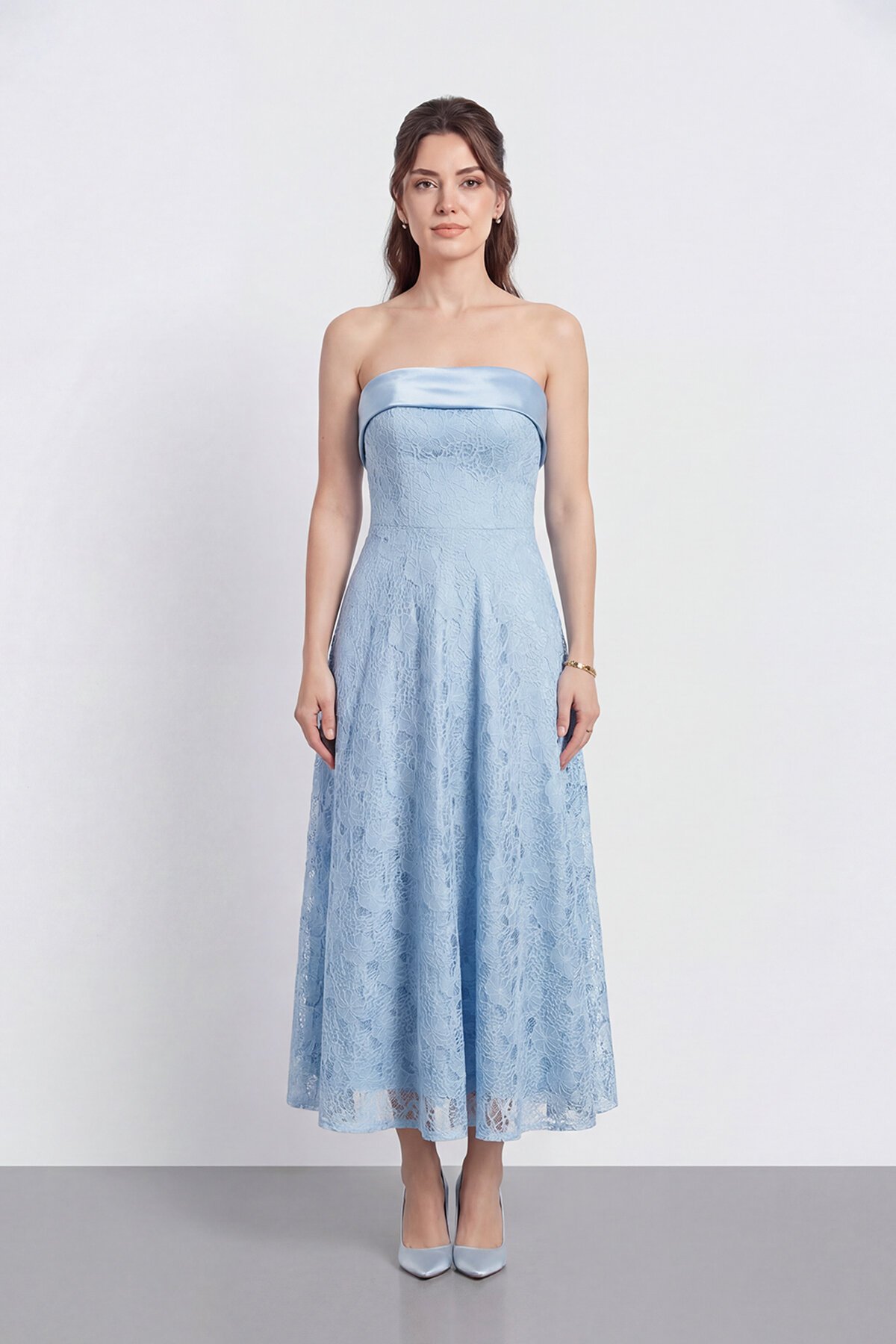 Dantel Dokulu Straplez Midi Abiye - 2115