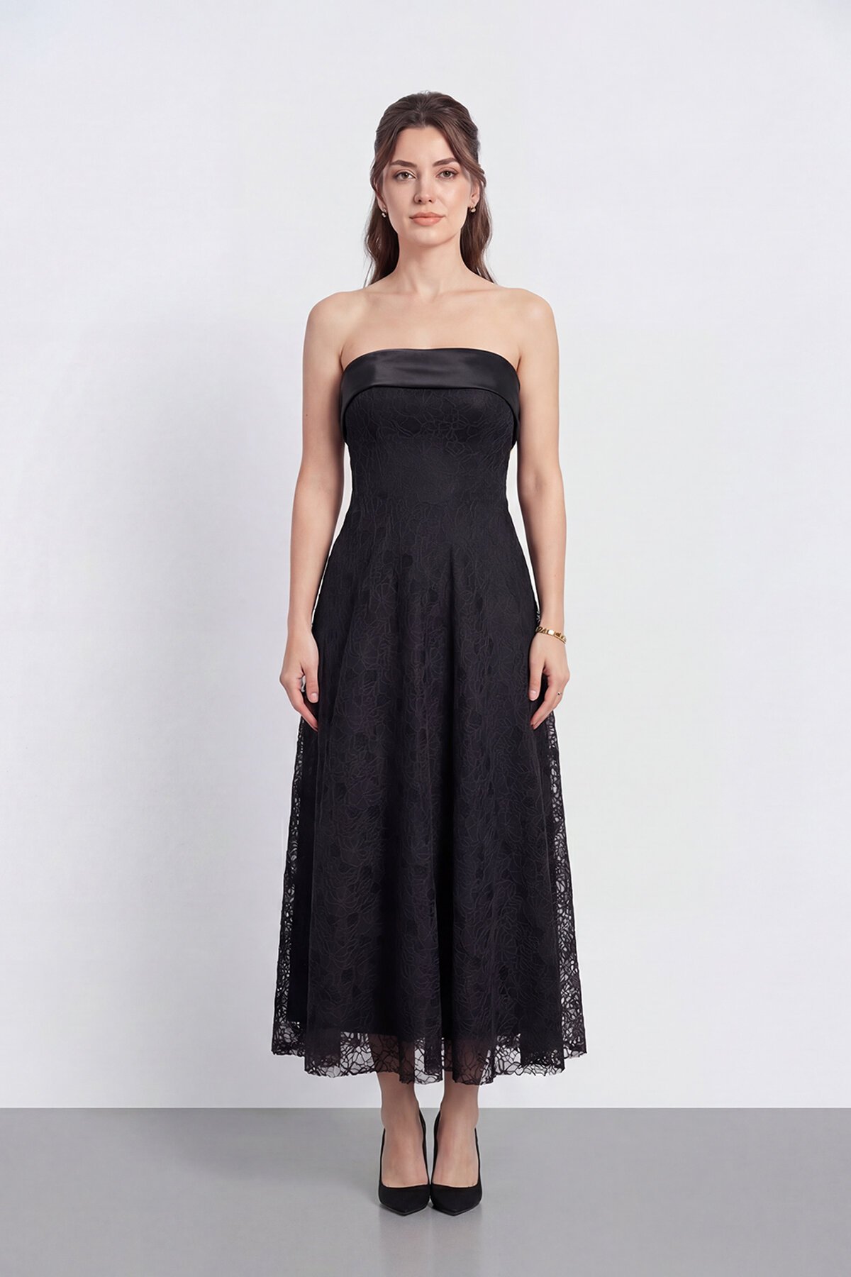 Dantel Dokulu Straplez Midi Abiye - 2115