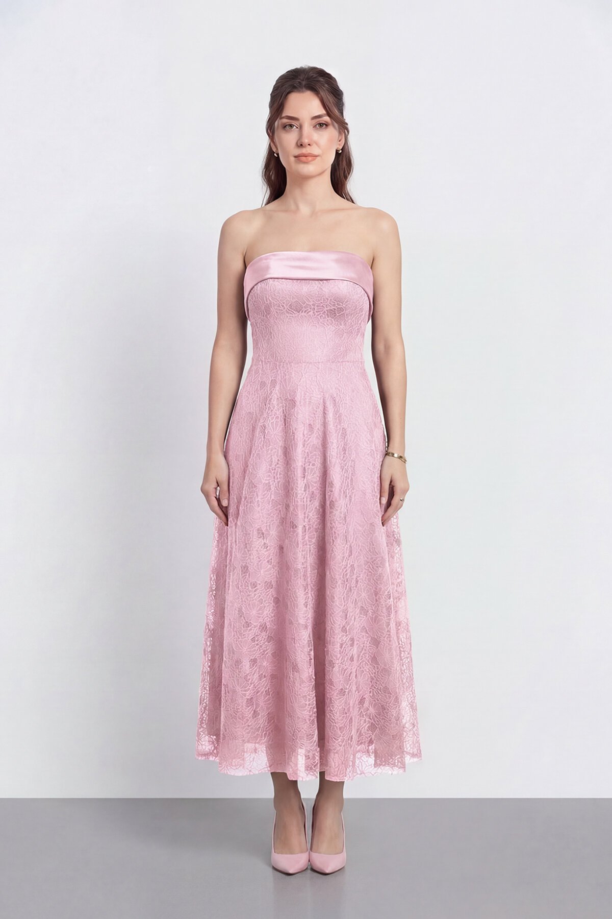 Dantel Dokulu Straplez Midi Abiye - 2115