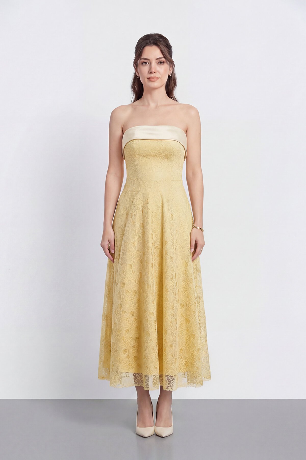 Dantel Dokulu Straplez Midi Abiye - 2115