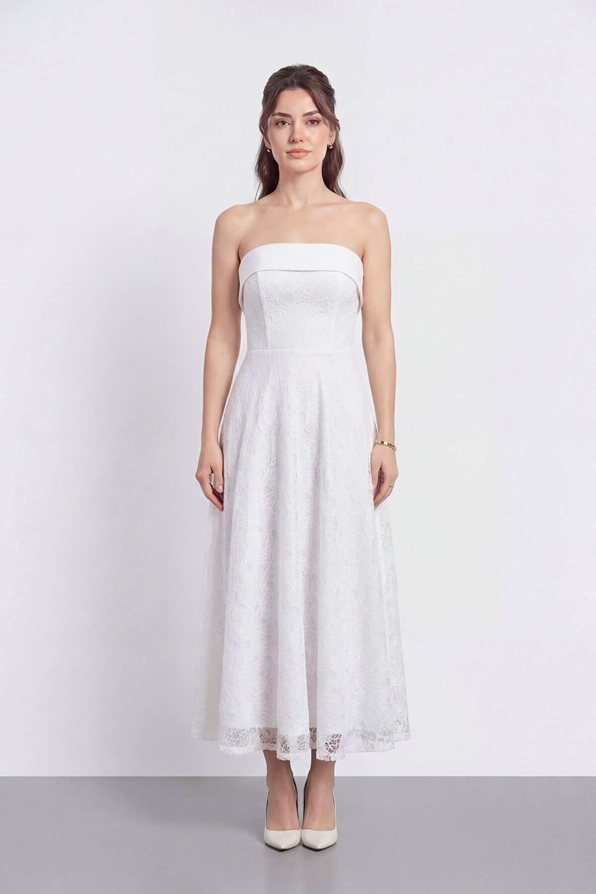 Dantel Dokulu Straplez Midi Abiye - 2115