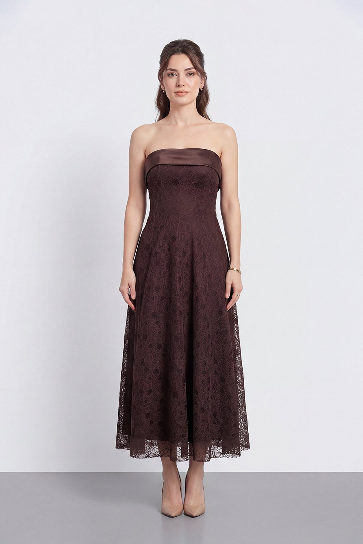 Dantel Dokulu Straplez Midi Abiye - 2115