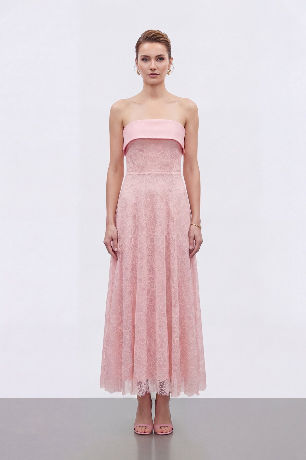 Dantel Dokulu Straplez Midi Abiye - 2115