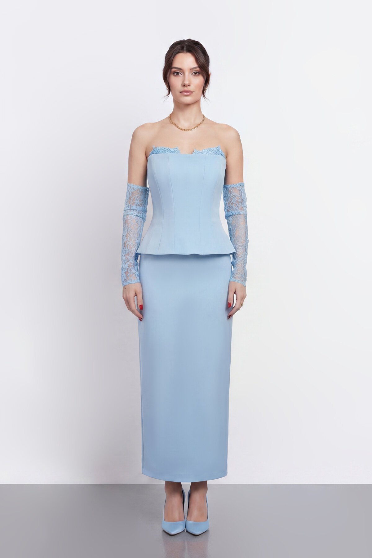 Dantel Eldiven Detaylı Straplez Korsaj Midi Abiye - 2116