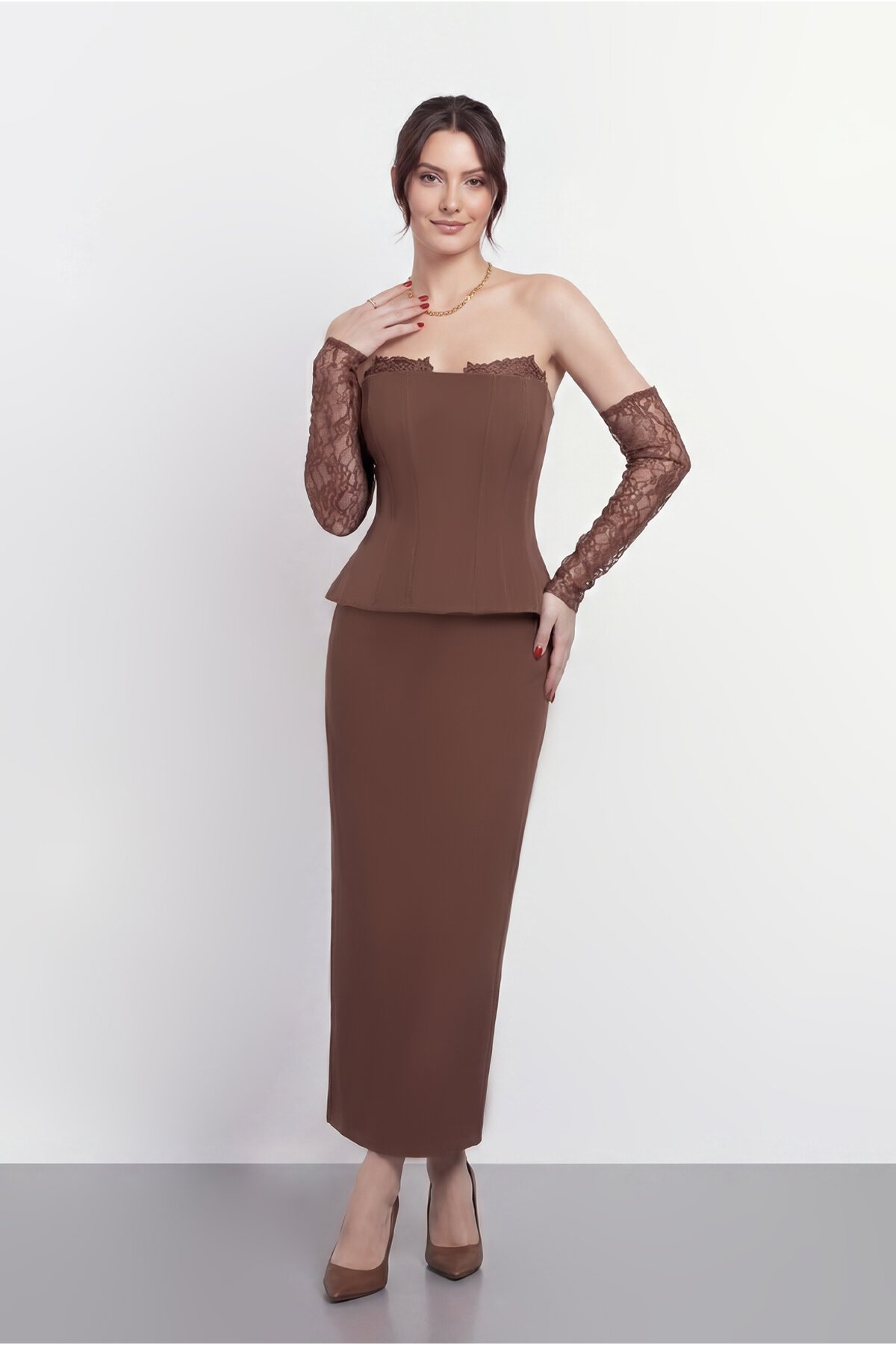 Dantel Eldiven Detaylı Straplez Korsaj Midi Abiye - 2116