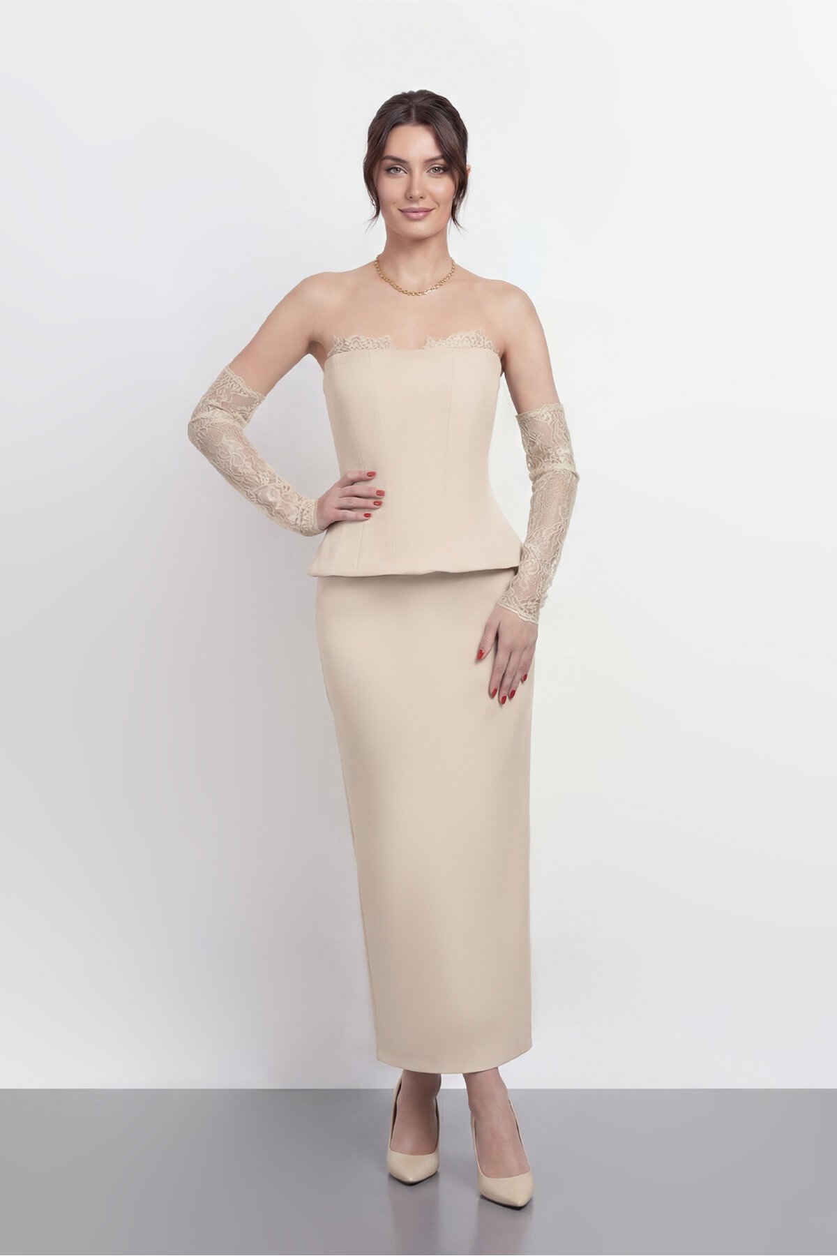 Dantel Eldiven Detaylı Straplez Korsaj Midi Abiye - 2116