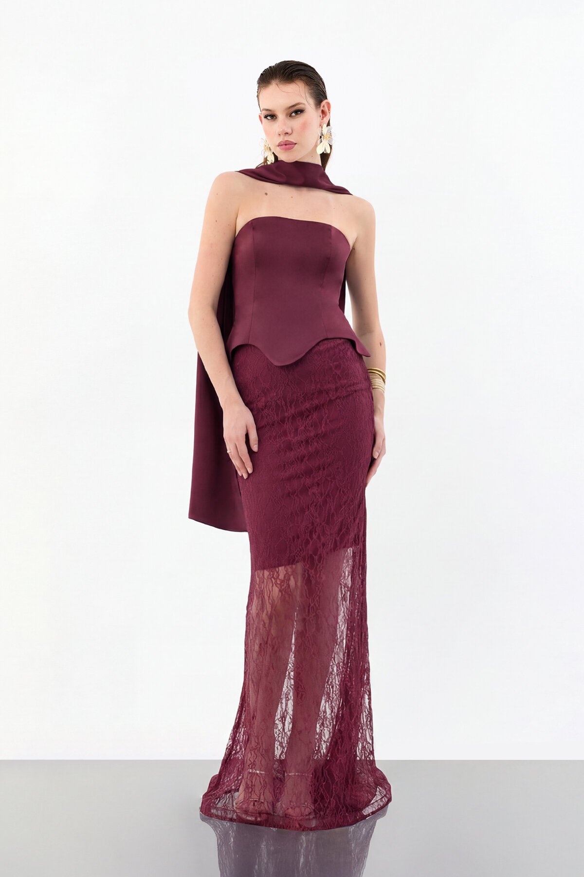 Dantel Etek Detaylı Straplez Uzun Abiye - 2032