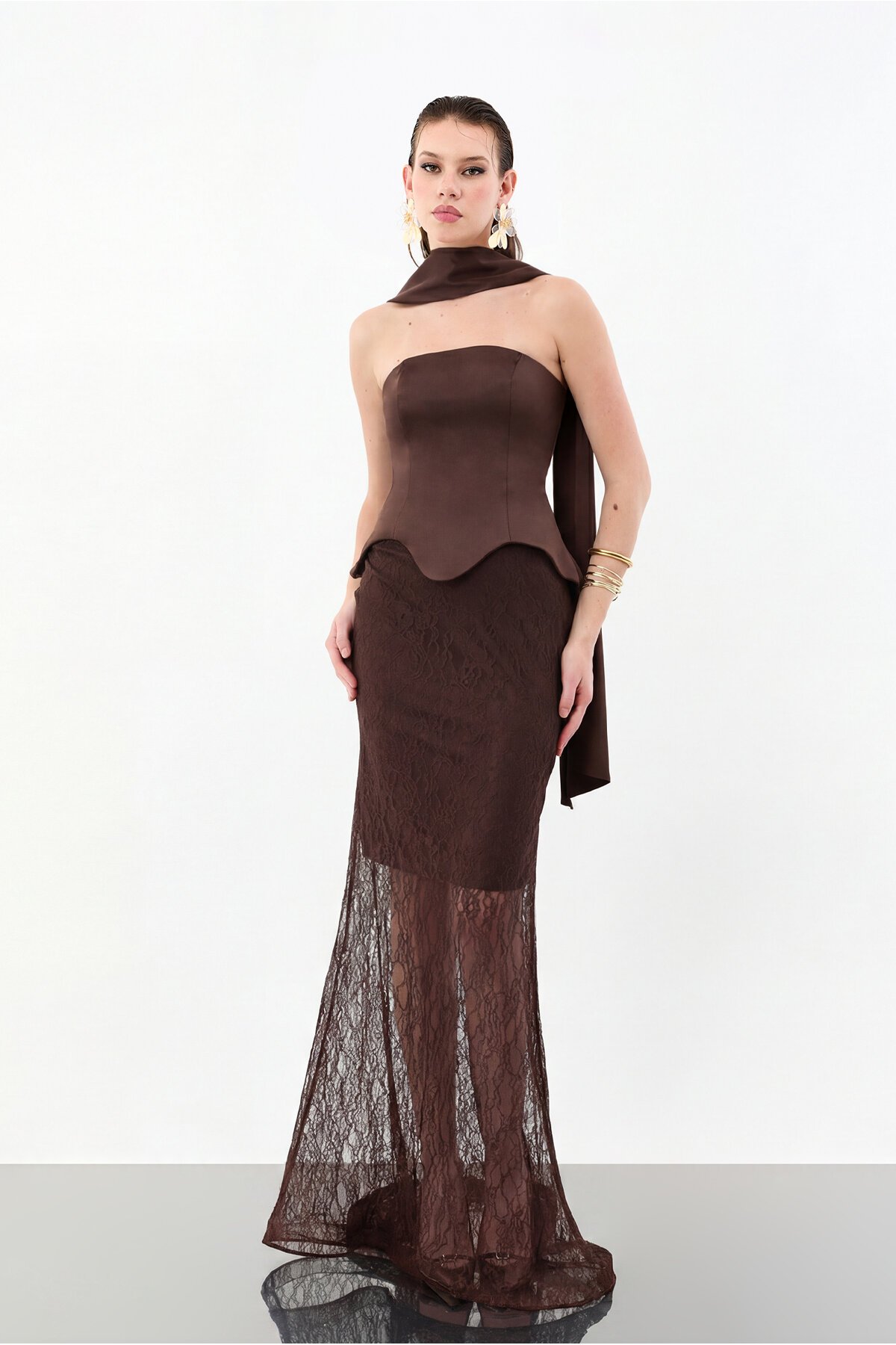 Dantel Etek Detaylı Straplez Uzun Abiye - 2032