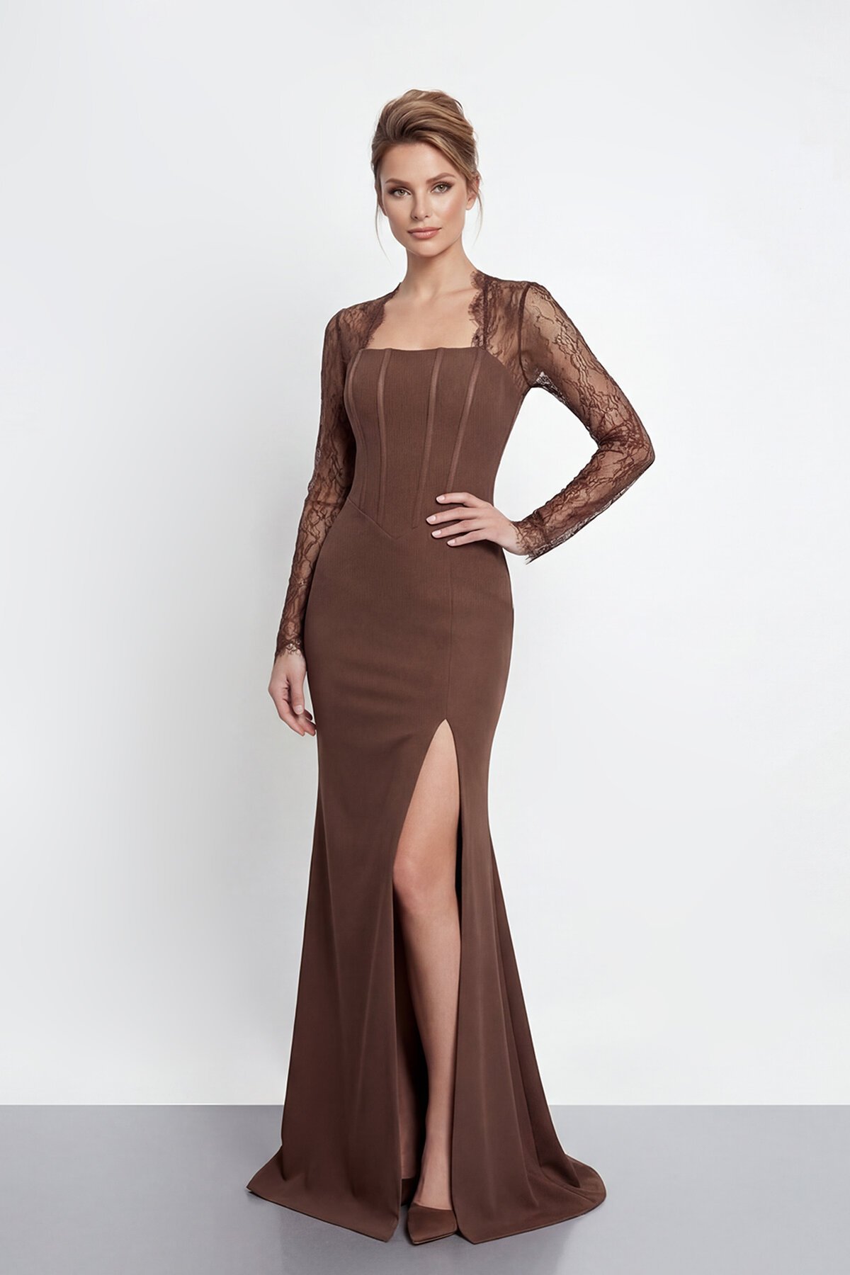 Dantel Kollu Korse Detaylı Yırtmaçlı Abiye - 2062