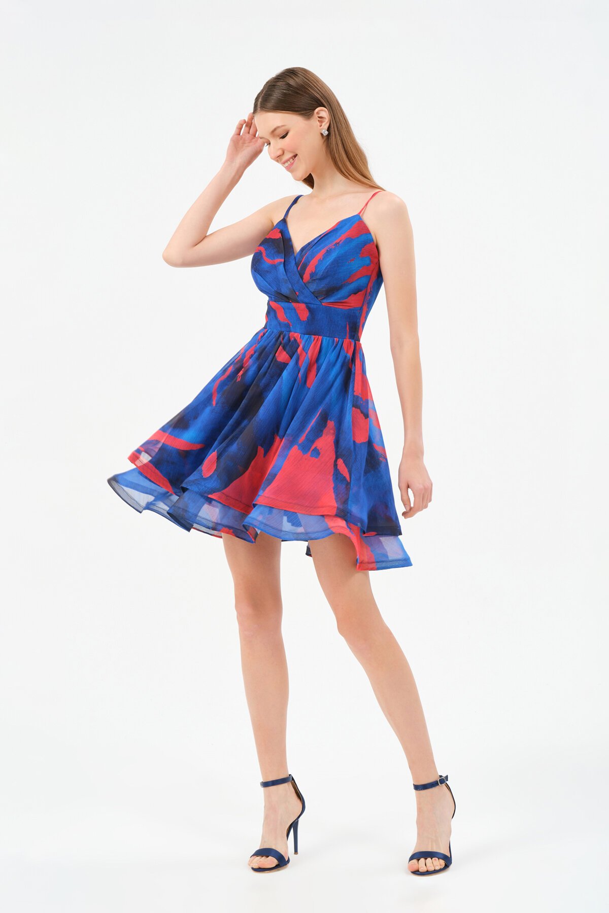 Desenli Volanlı Mini Elbise - 1521