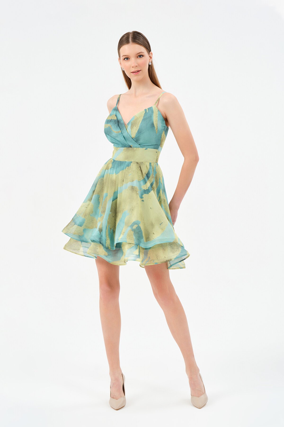 Desenli Volanlı Mini Elbise - 1521