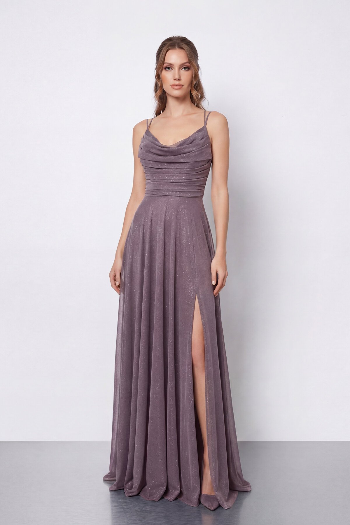 Dökümlü Yaka ve Yırtmaç Detaylı Işıltılı Uzun Abiye - 2042