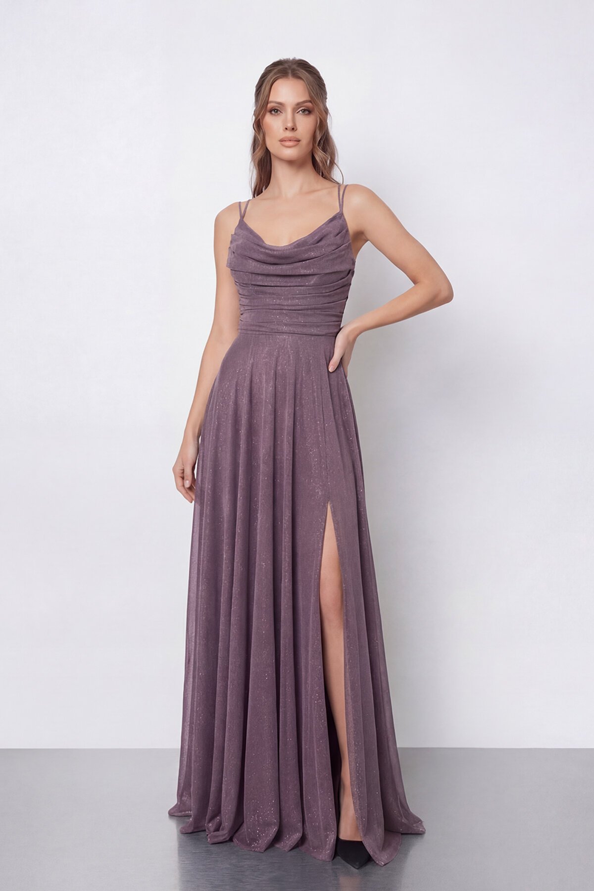 Dökümlü Yaka ve Yırtmaç Detaylı Işıltılı Uzun Abiye - 2042