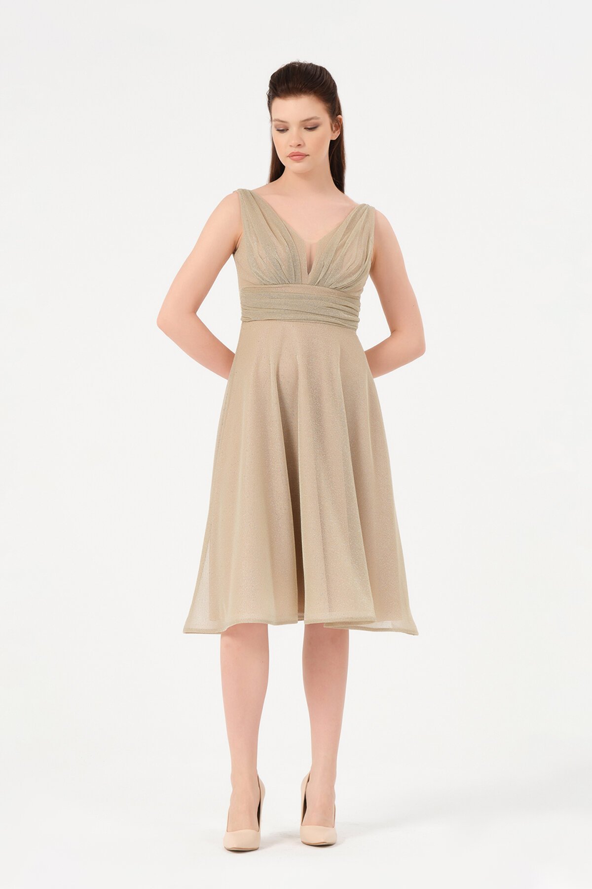 Drape Detaylı Simli Midi Elbise - 1602