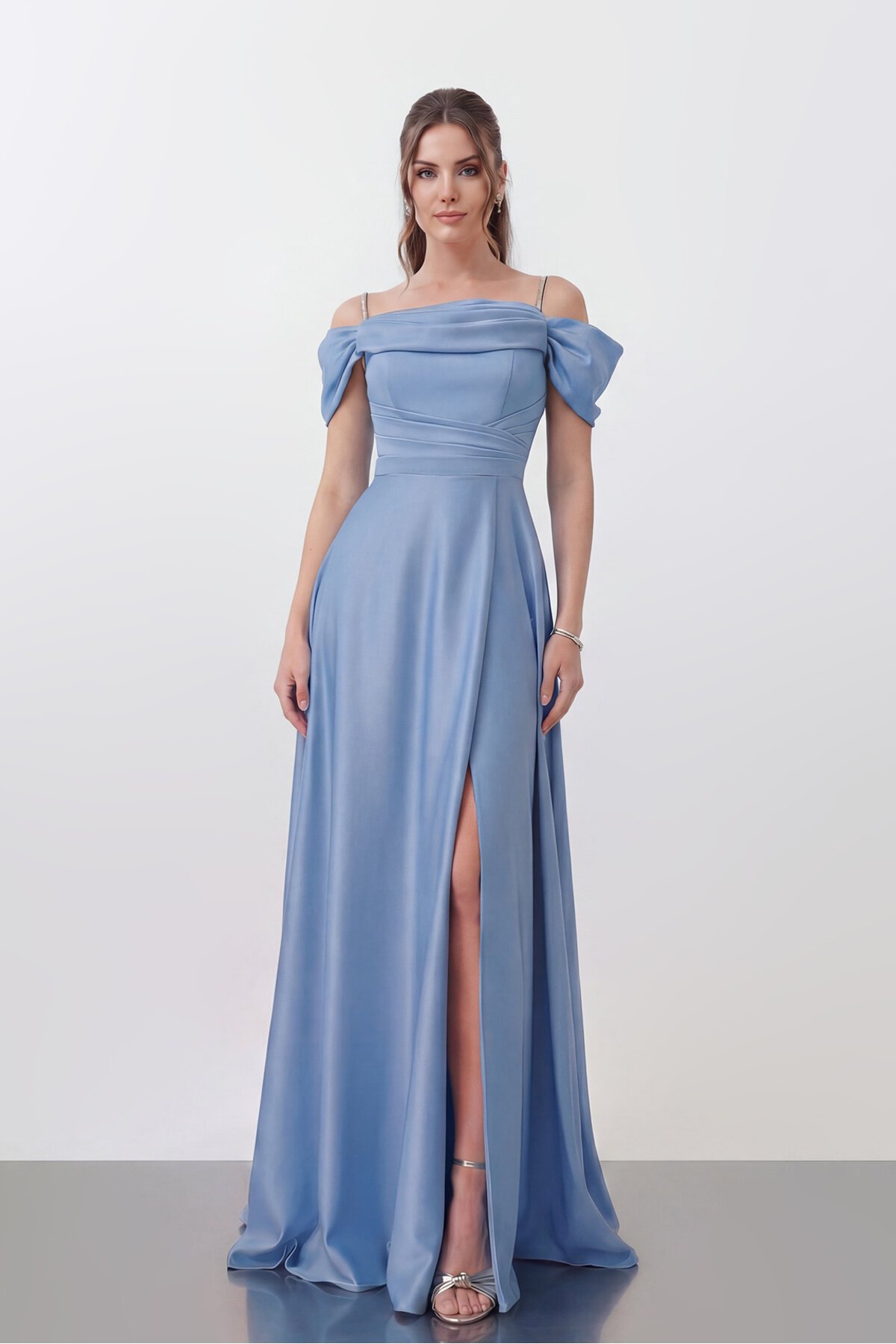 Drape Detaylı Yırtmaçlı Elbise - 1440