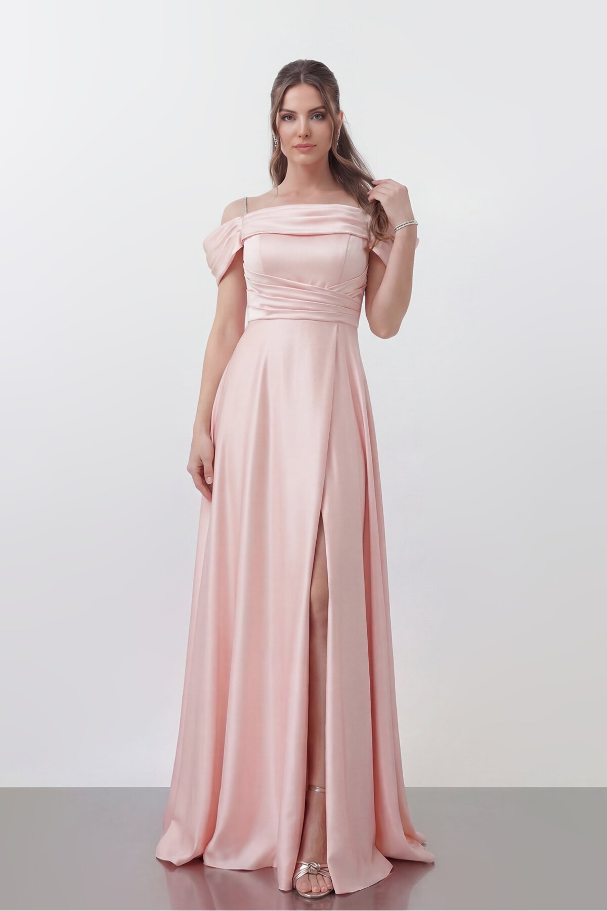 Drape Detaylı Yırtmaçlı Elbise - 1440