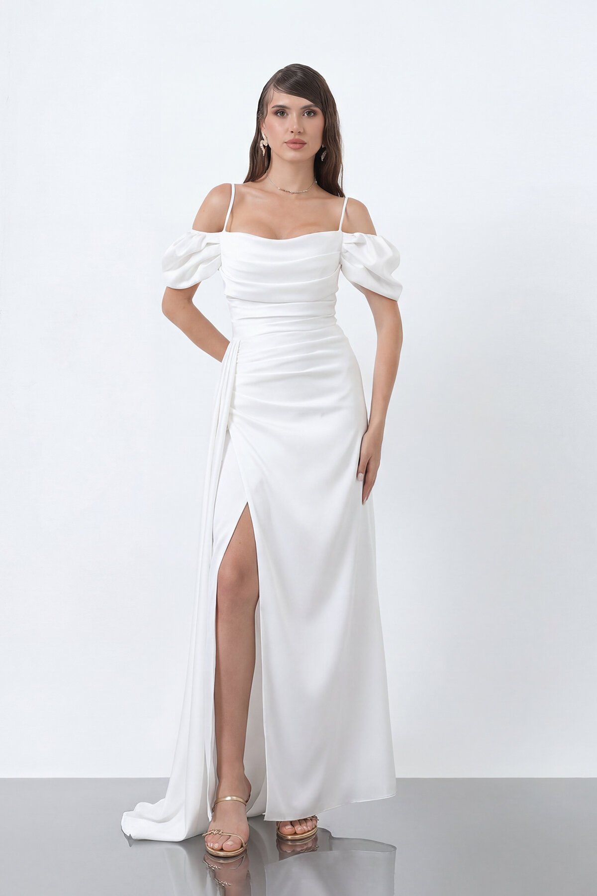 Drapeli Düşük Kollu Elbise - 1910