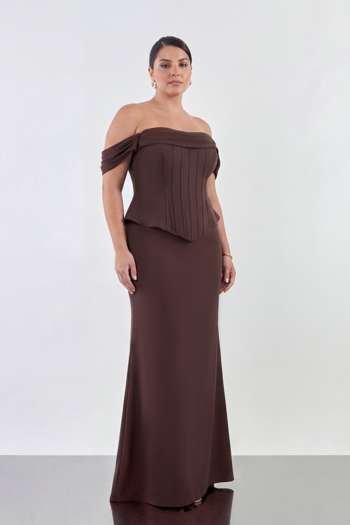 Drapeli Korsaj Formlu Omuz Açık Uzun Abiye - 2104