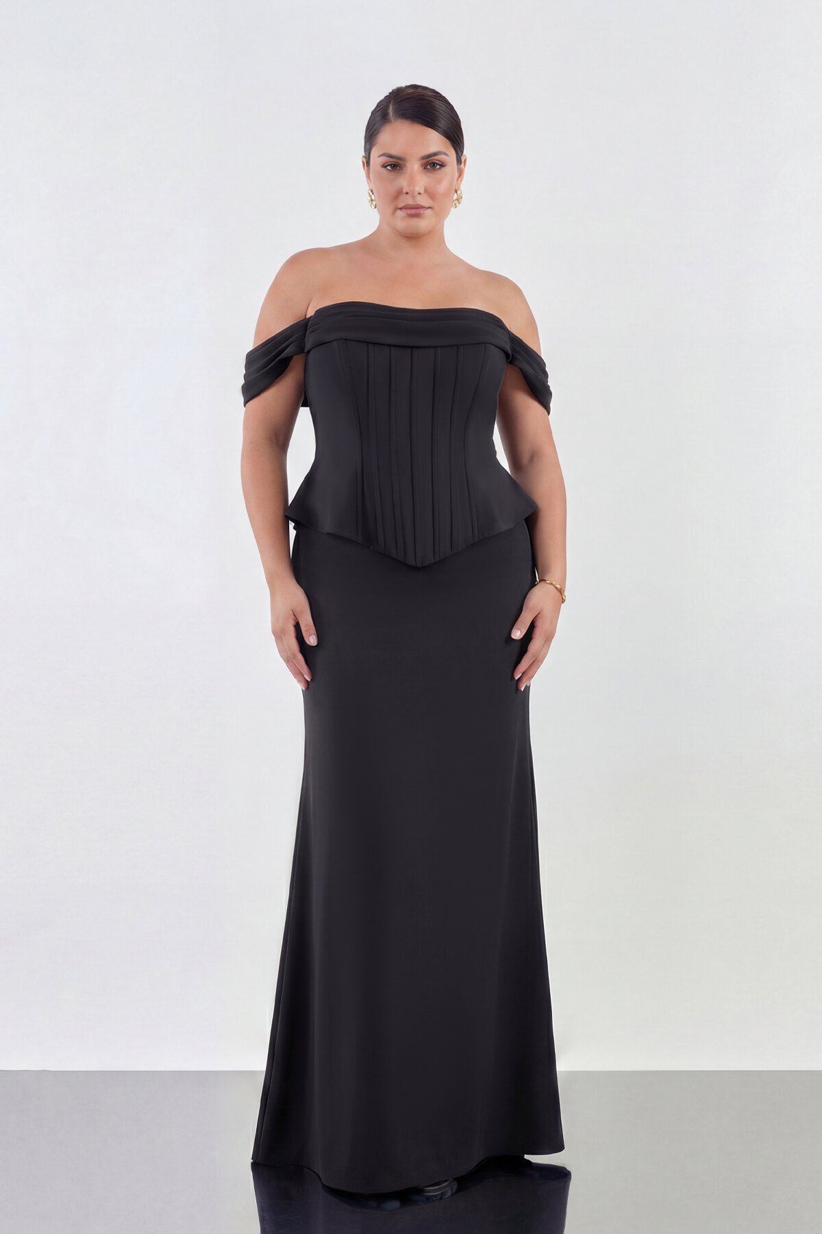 Drapeli Korsaj Formlu Omuz Açık Uzun Abiye - 2104