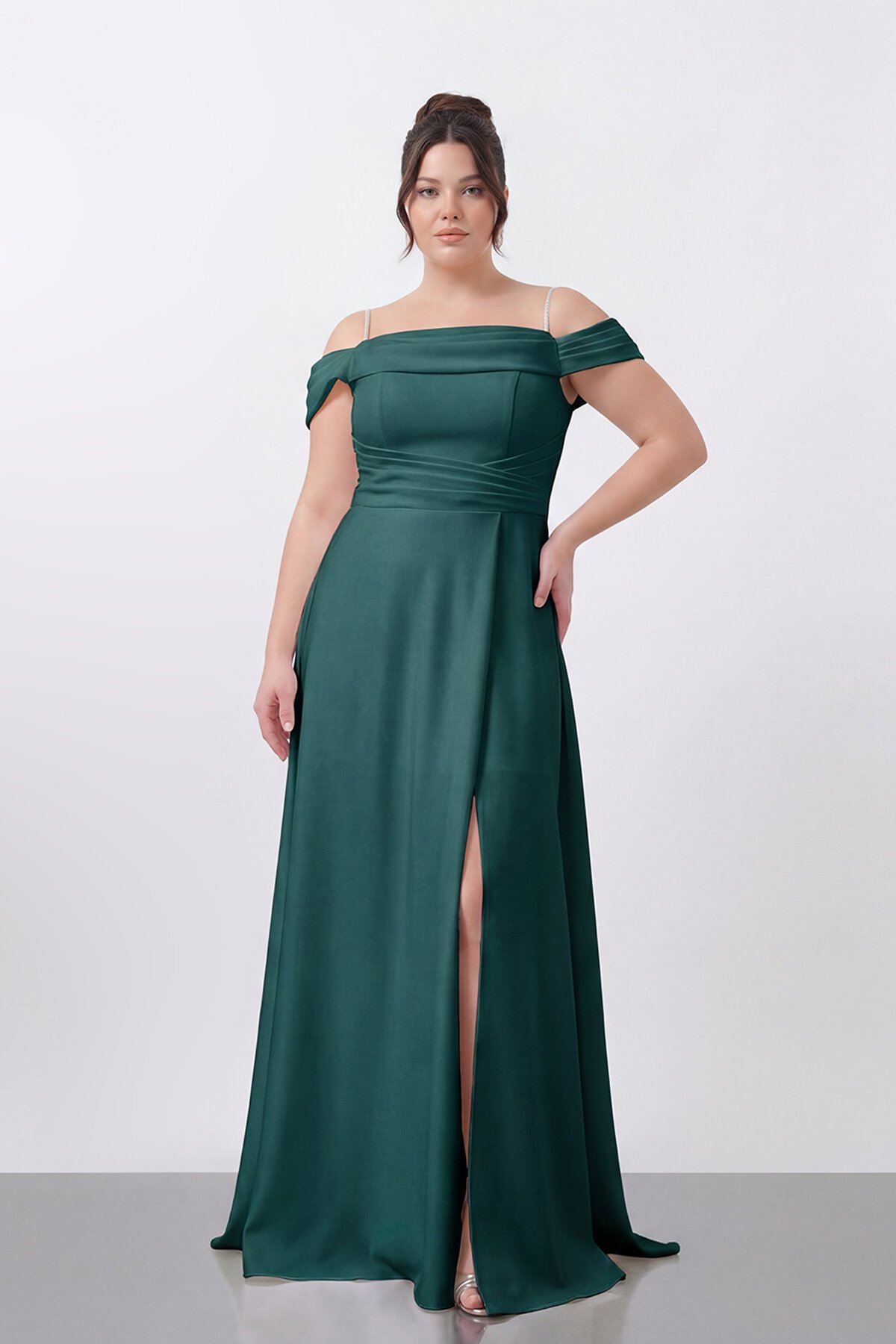 Drapeli Omuz Açık Yırtmaçlı Uzun Abiye - 1496